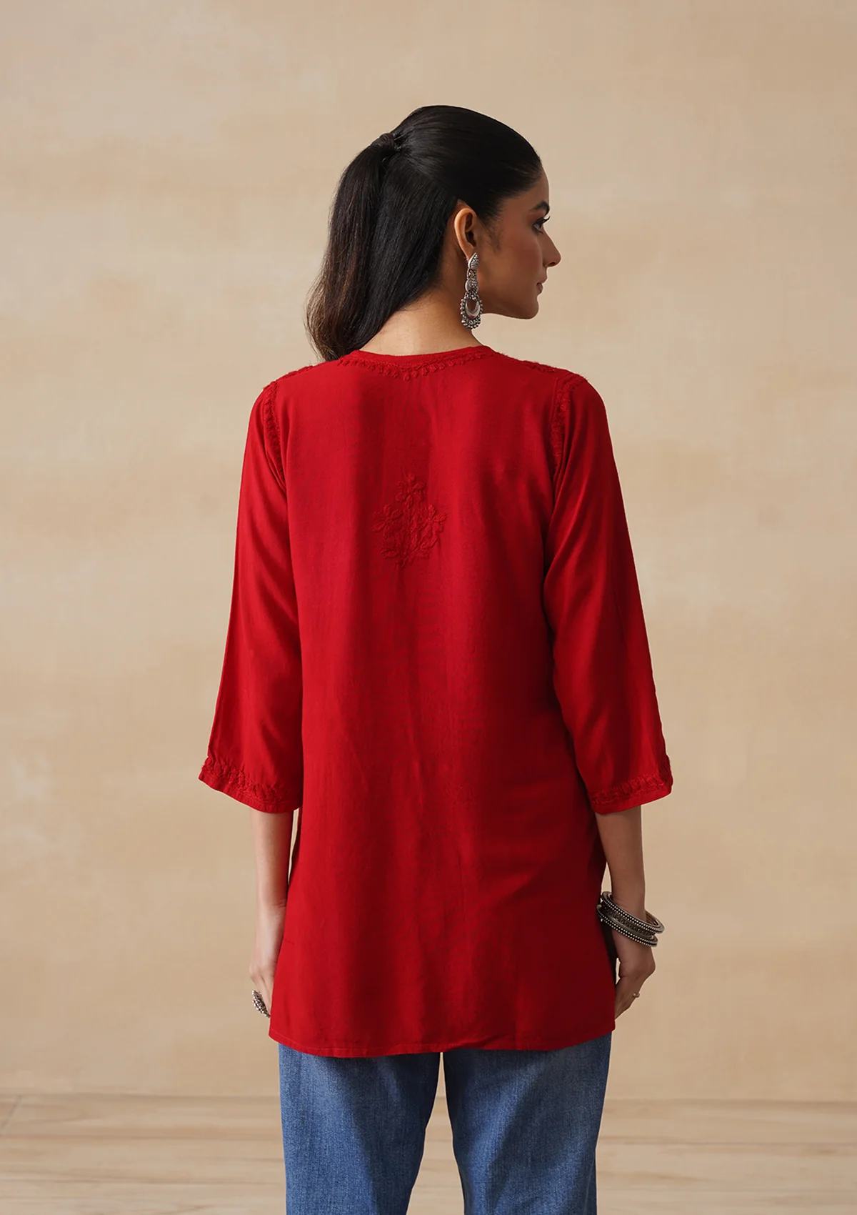 HOC Rayon Chikankari Solid Women's Short Kurta - Red - Image 8