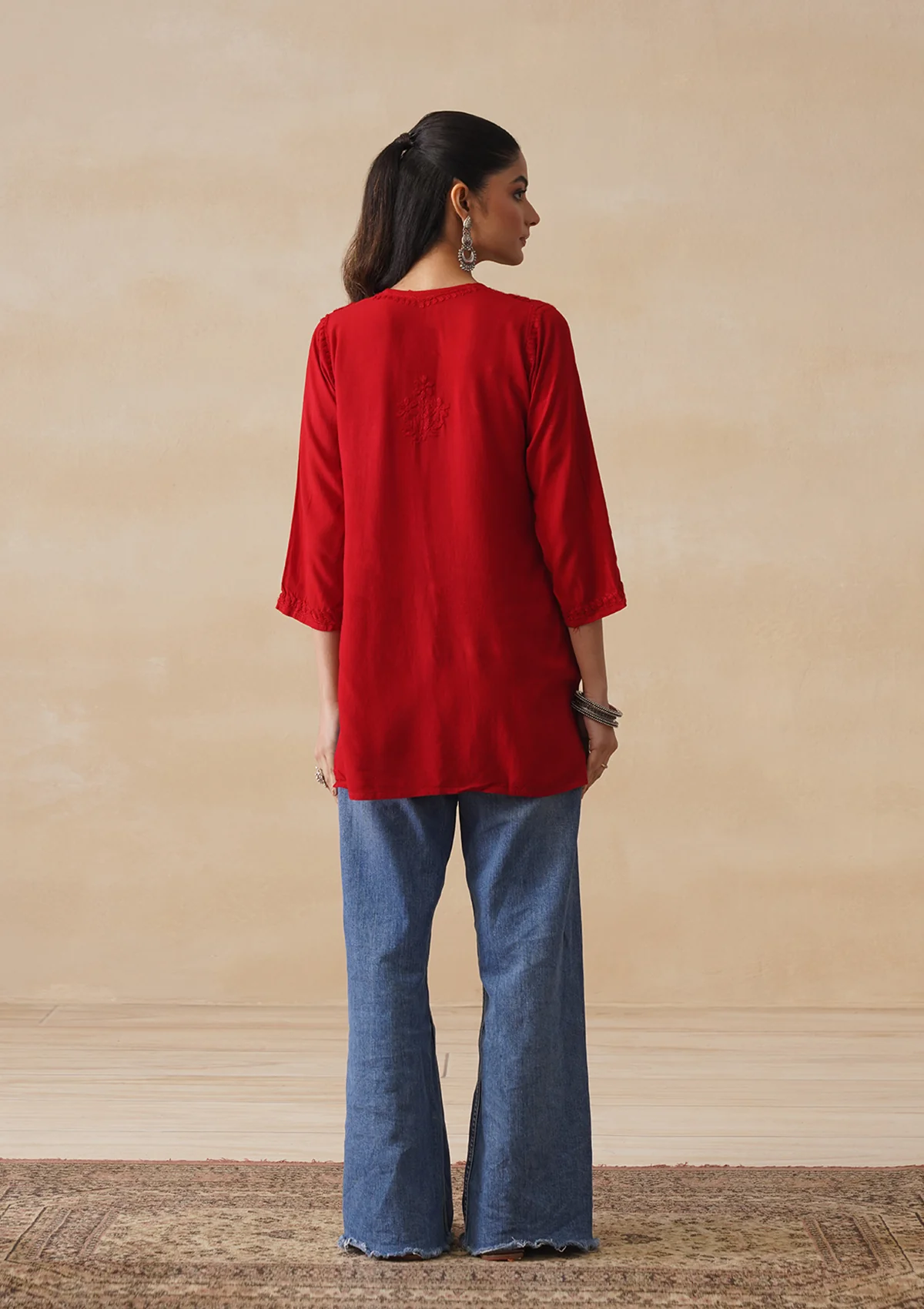 HOC Rayon Chikankari Solid Women's Short Kurta - Red - Image 9