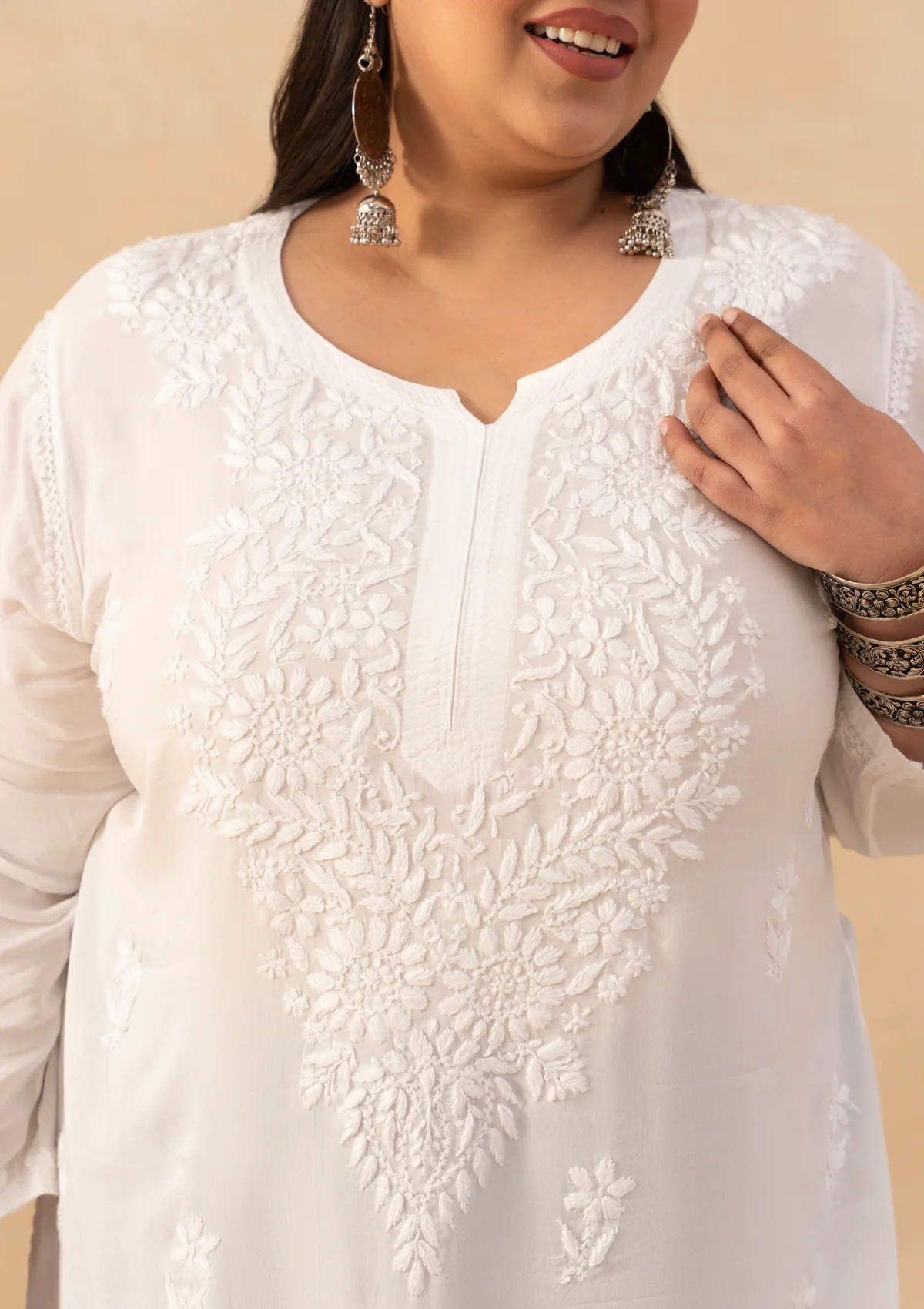 HOC Rayon Chikankari Solid Women's Short Kurta - White - Image 5