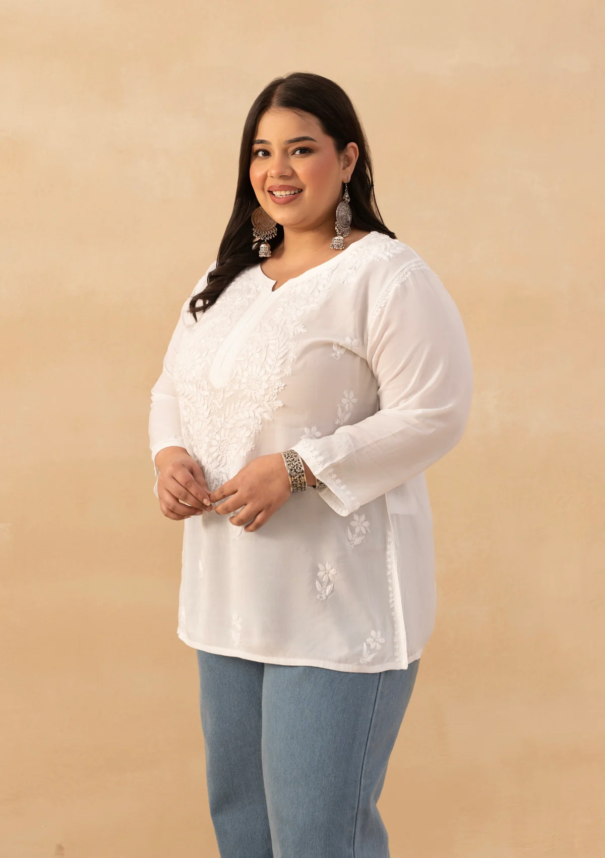 HOC Rayon Chikankari Solid Women's Short Kurta - White - Image 6