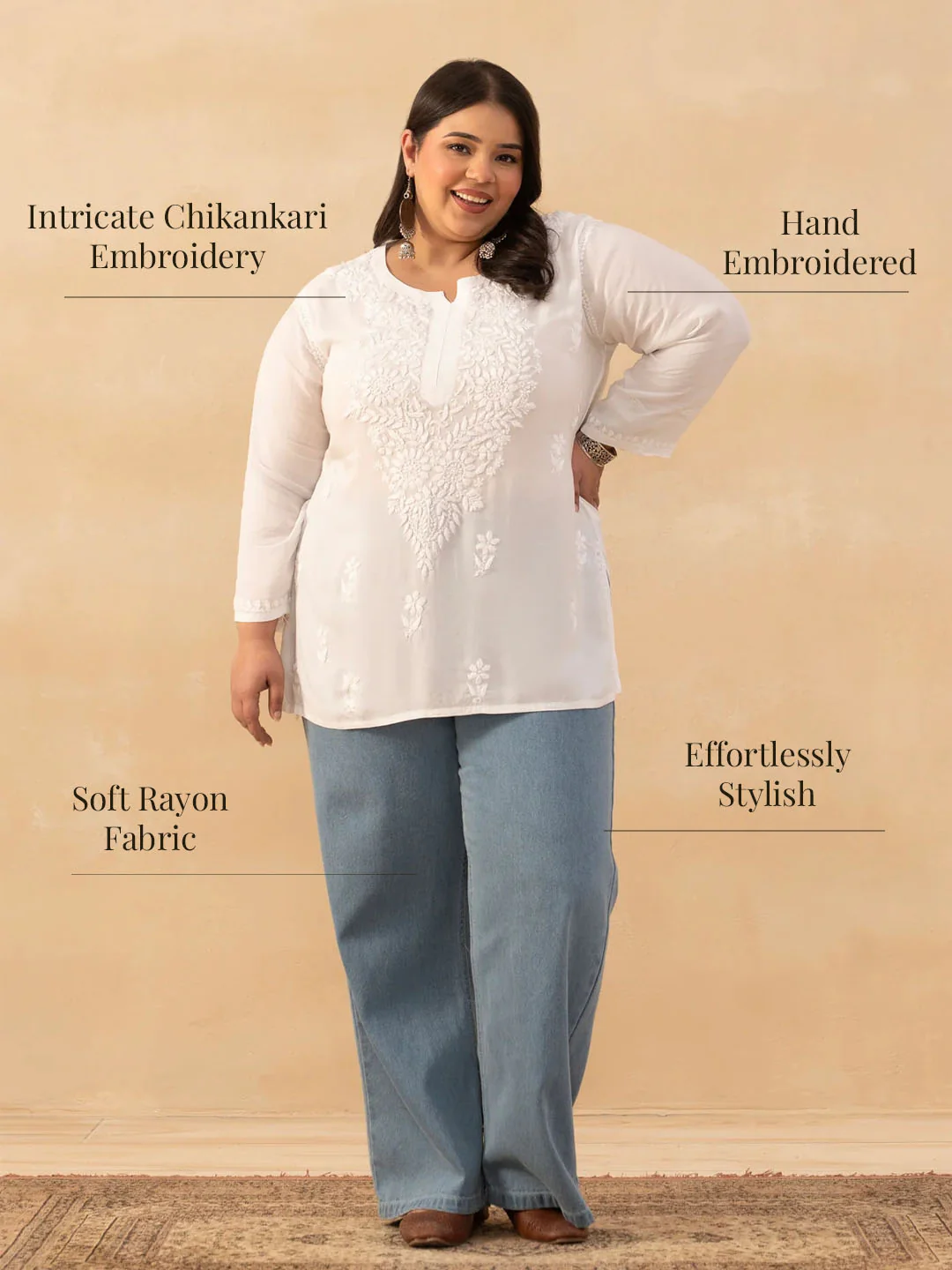 HOC Rayon Chikankari Solid Women's Short Kurta - White - Image 8