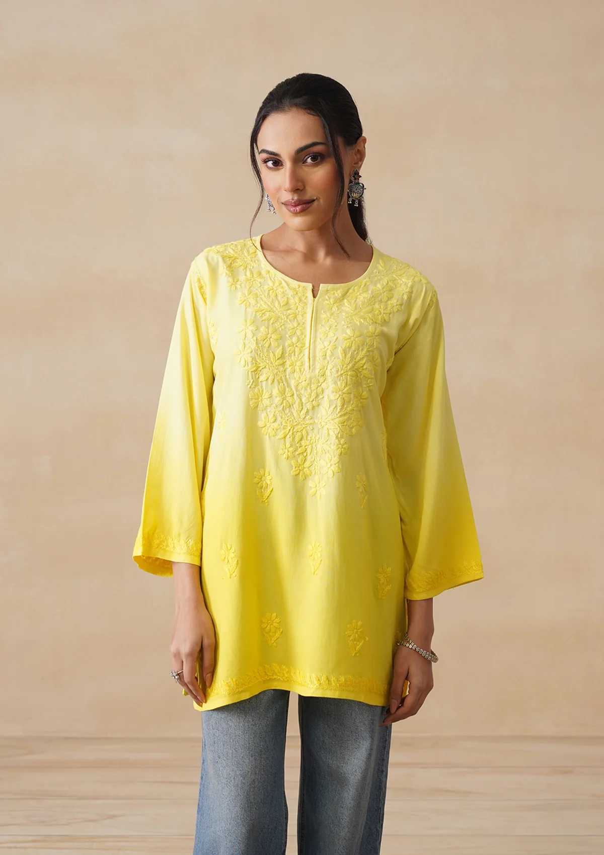 HOC Rayon Chikankari Solid Women's Short Kurta - Yellow