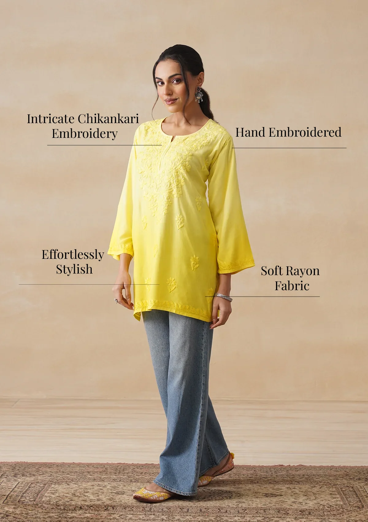 HOC Rayon Chikankari Solid Women's Short Kurta - Yellow - Image 10