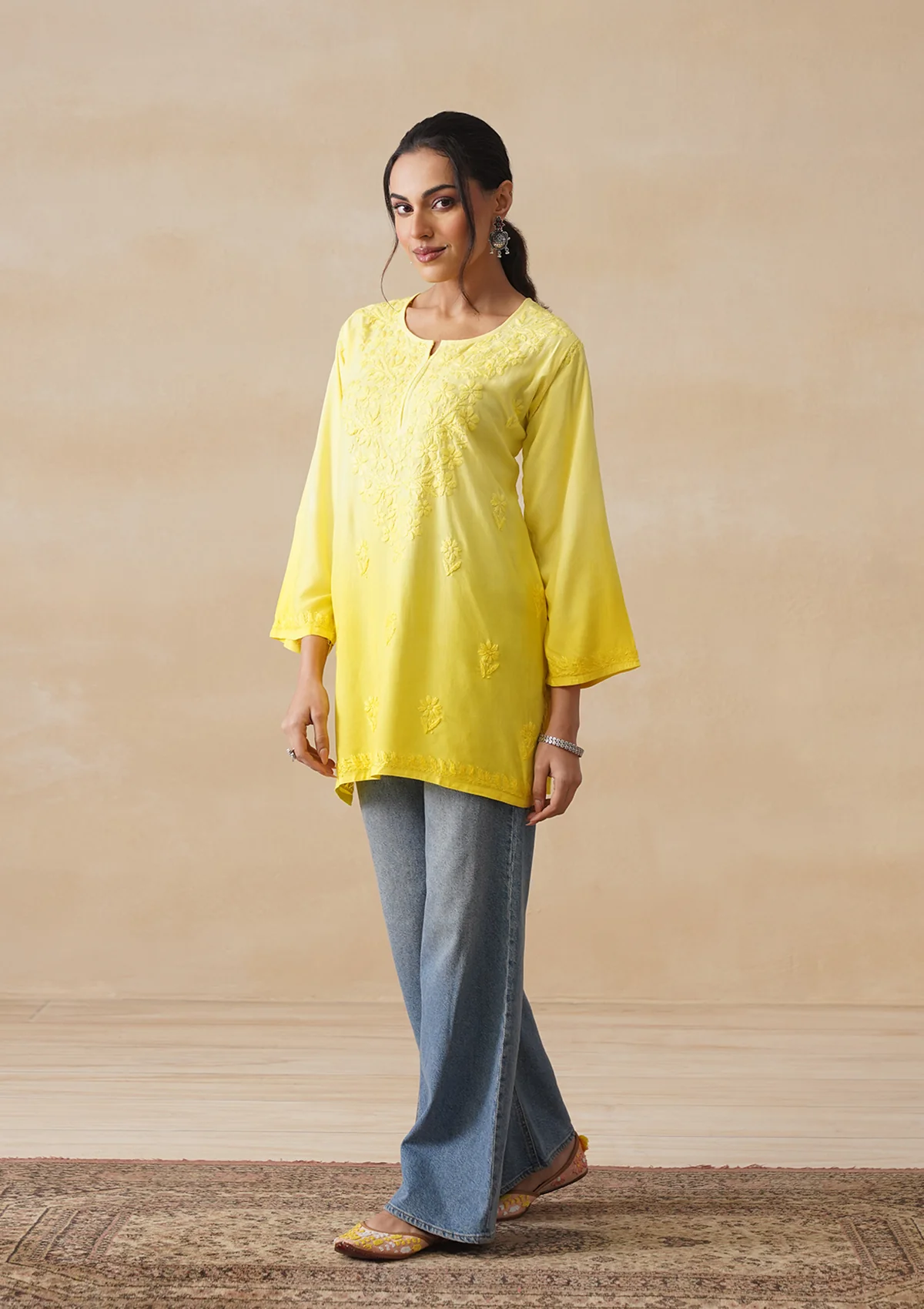 HOC Rayon Chikankari Solid Women's Short Kurta - Yellow - Image 3