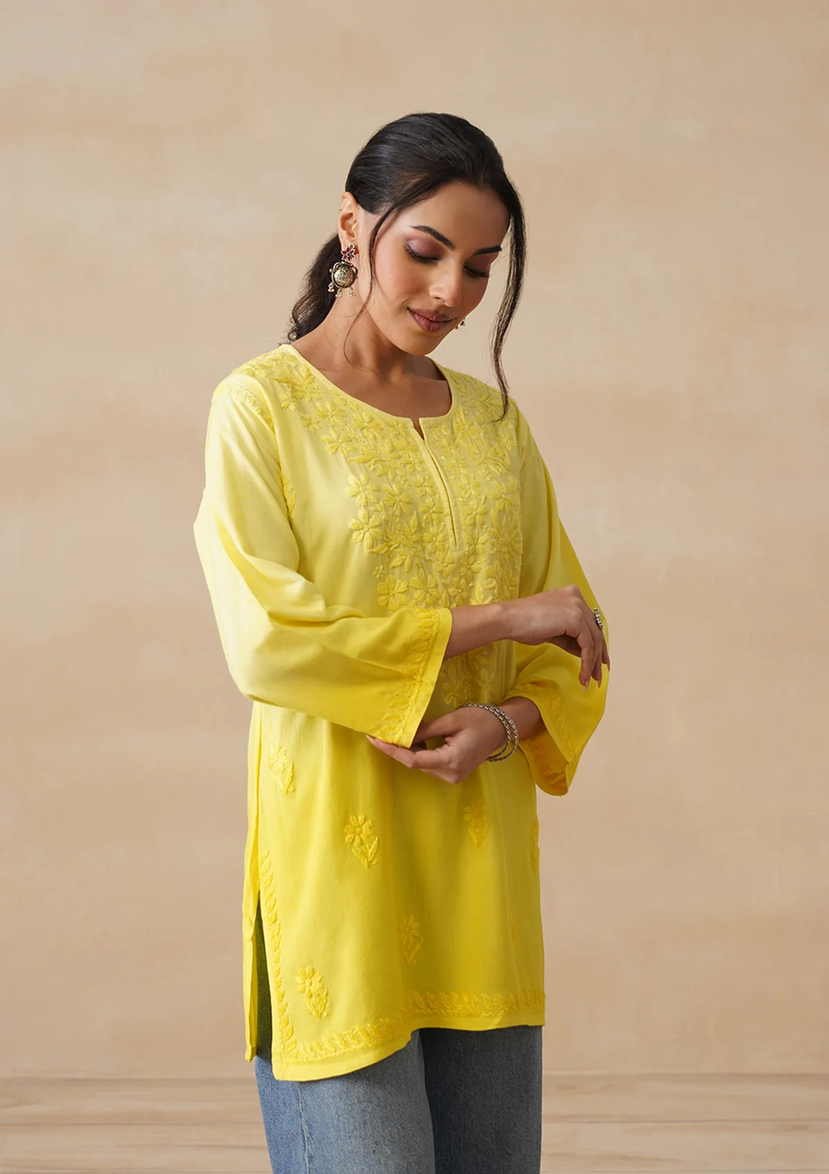 HOC Rayon Chikankari Solid Women's Short Kurta - Yellow - Image 4