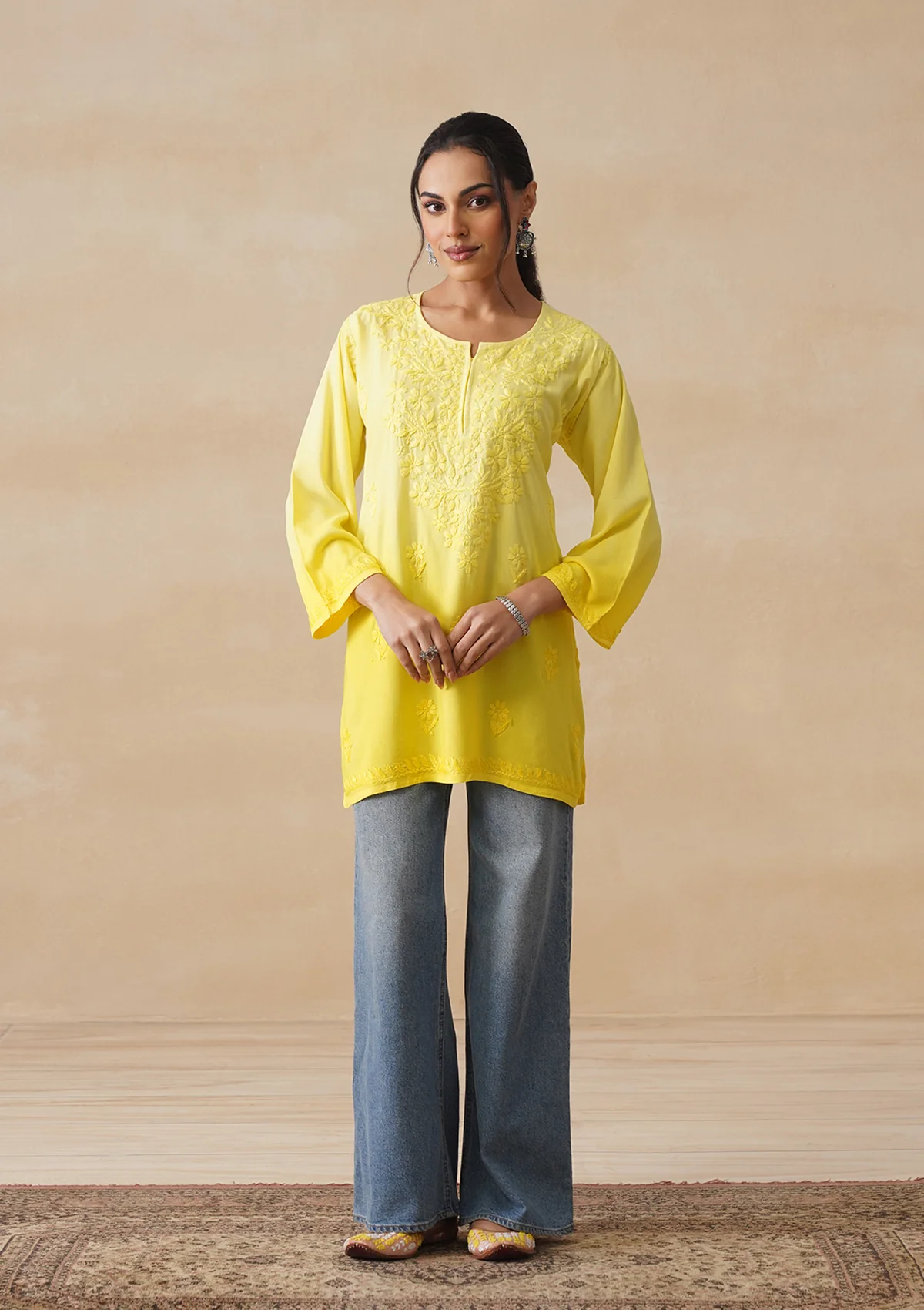 HOC Rayon Chikankari Solid Women's Short Kurta - Yellow - Image 6