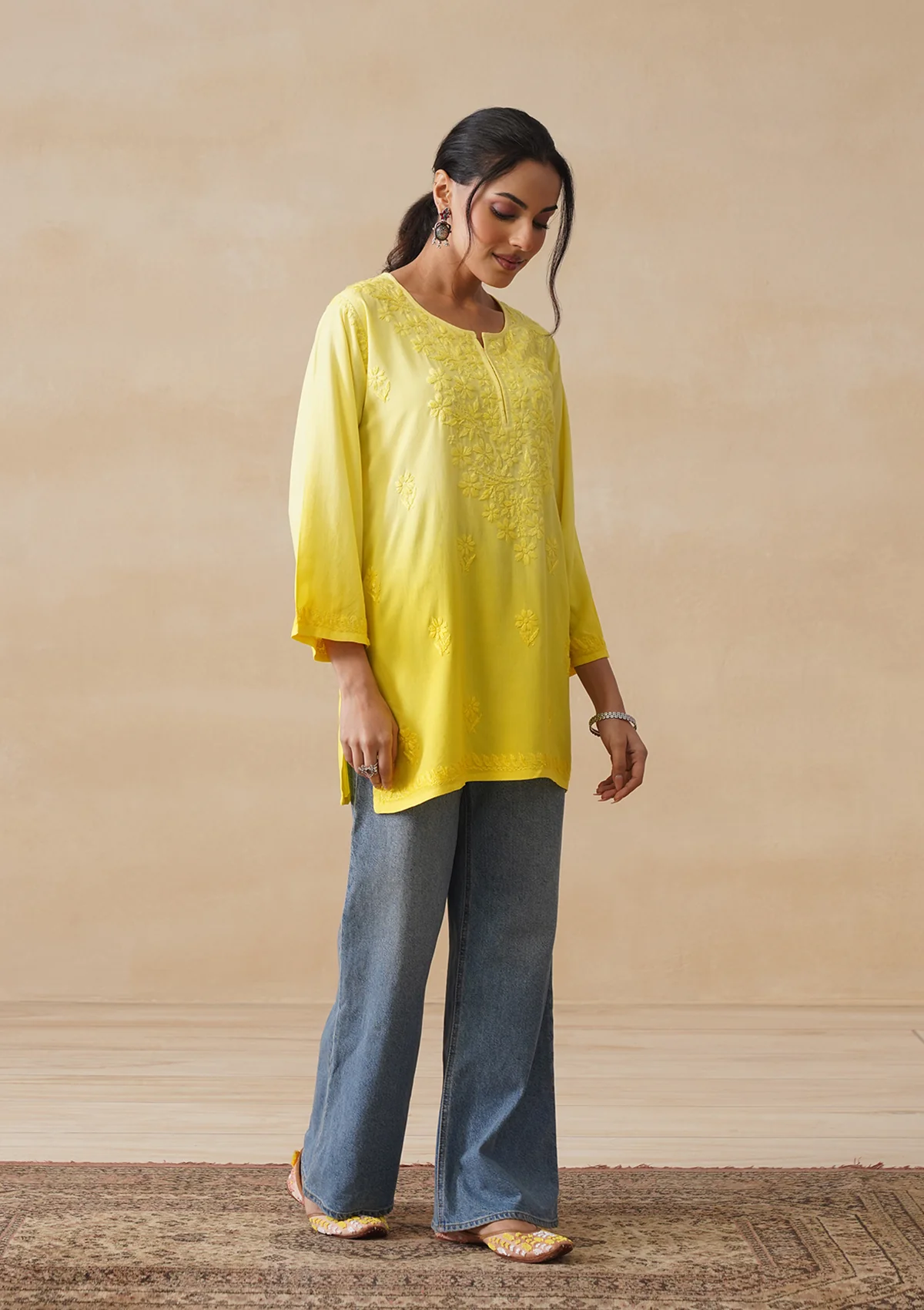 HOC Rayon Chikankari Solid Women's Short Kurta - Yellow - Image 7