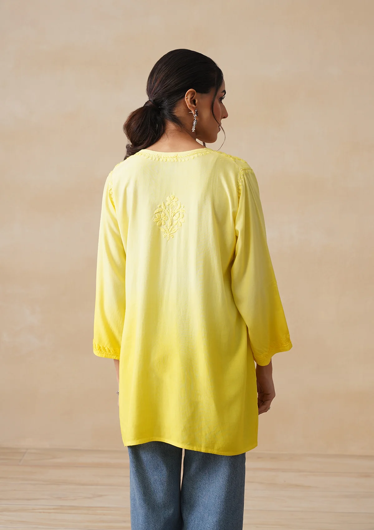 HOC Rayon Chikankari Solid Women's Short Kurta - Yellow - Image 9