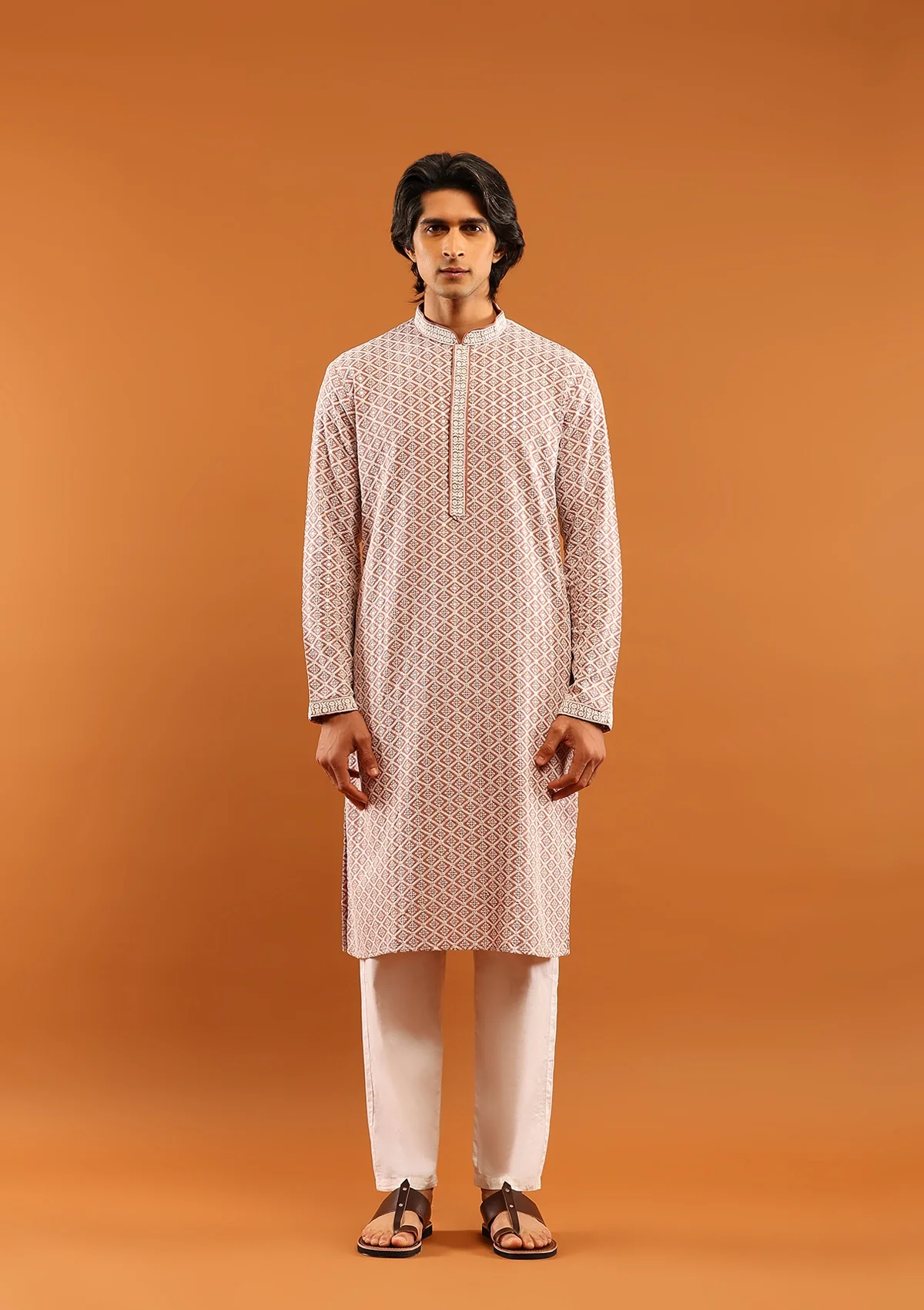 HOC Rayon Embroidered With Sequins Solid Men's Long Kurta- Dusty Pink