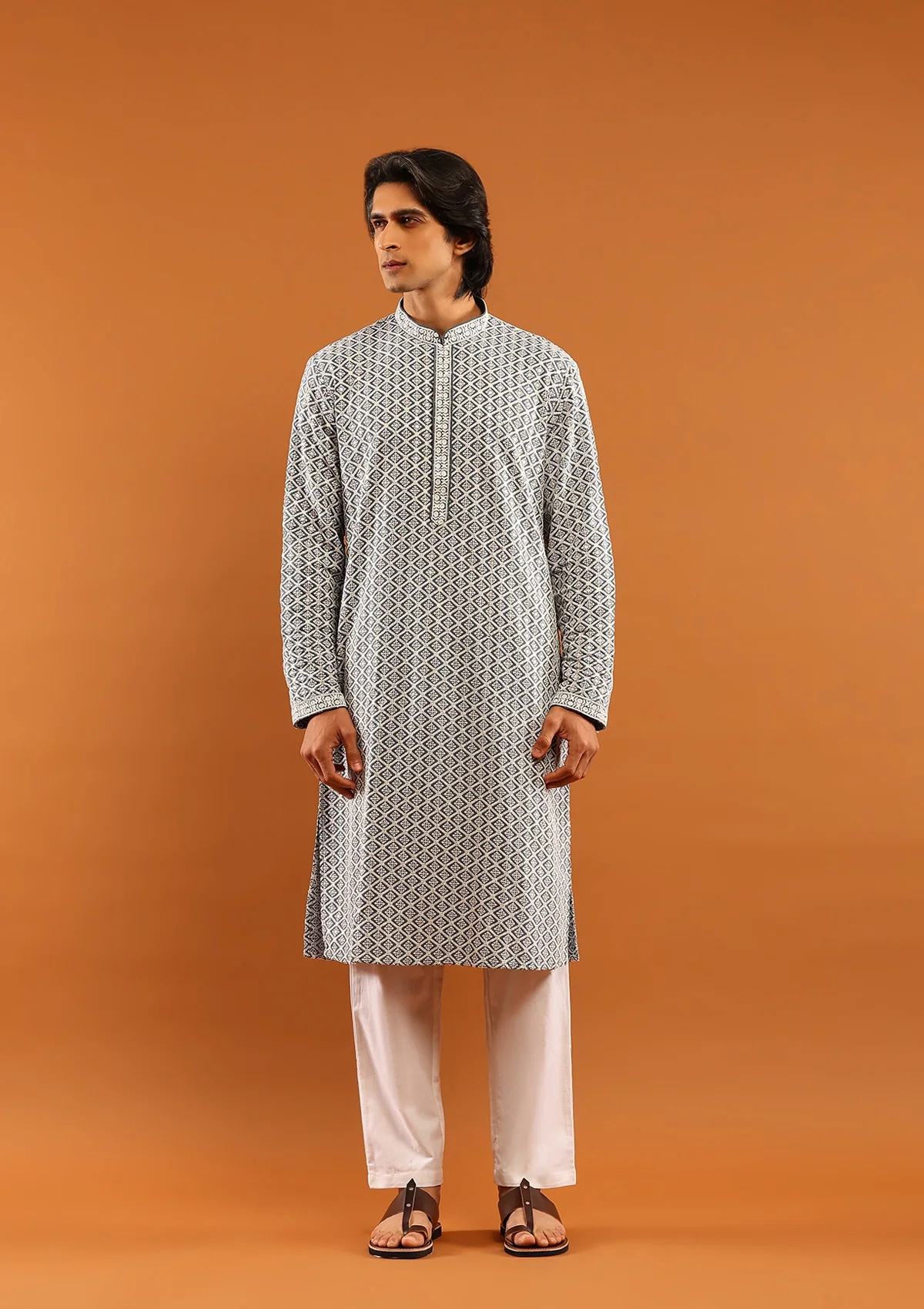 HOC Rayon Embroidered With Sequins Solid Men's Long Kurta- Grey - Image 2