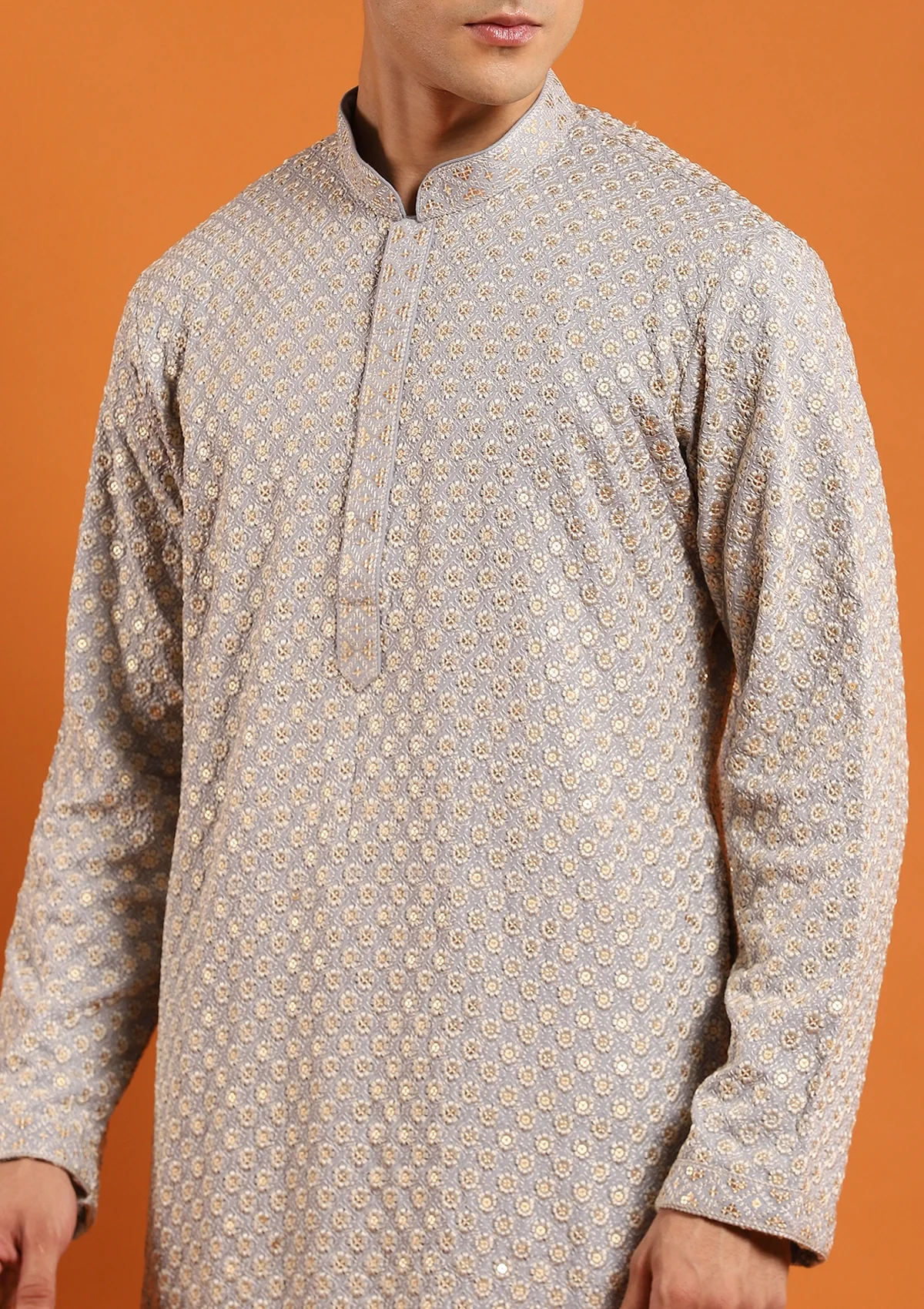 HOC Rayon Embroidered With Sequins Solid Men's Long Kurta- Light Grey - Image 4