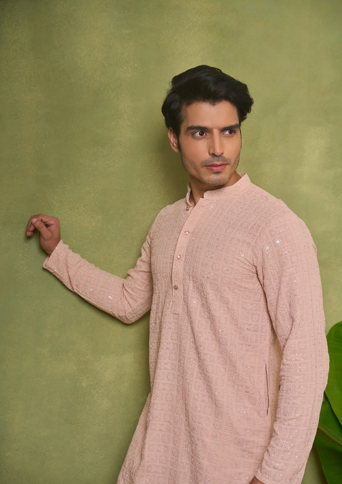 HOC Rayon Embroidered With Sequins Solid Men's Long Kurta- Peach