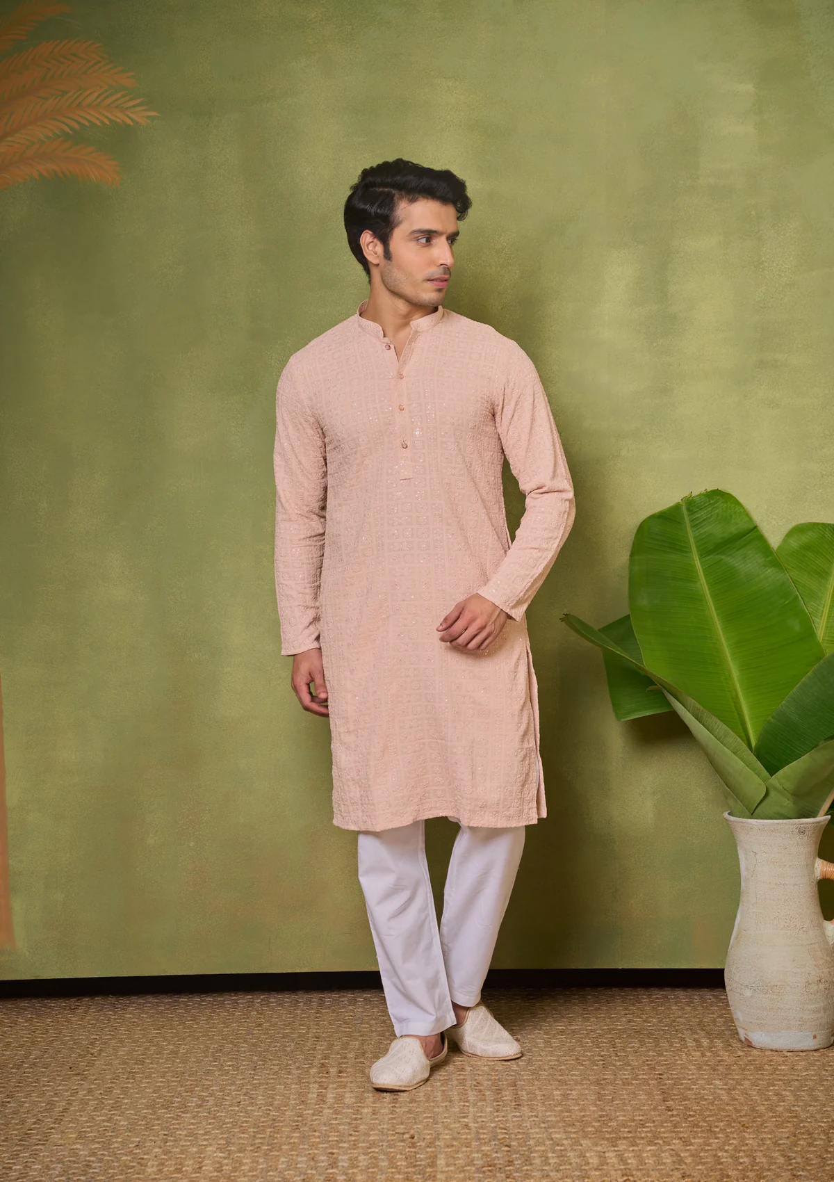 HOC Rayon Embroidered With Sequins Solid Men's Long Kurta- Peach - Image 2