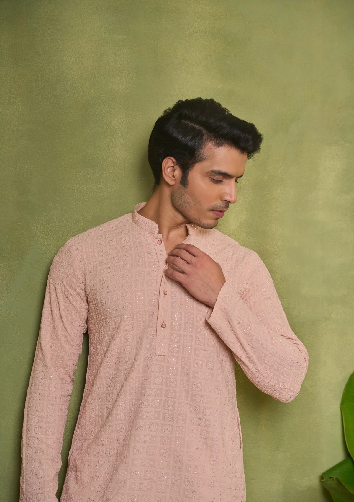 HOC Rayon Embroidered With Sequins Solid Men's Long Kurta- Peach - Image 3