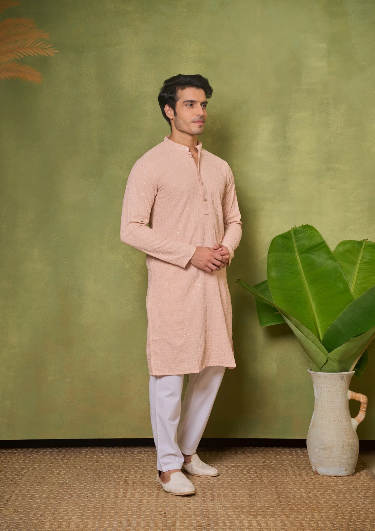 HOC Rayon Embroidered With Sequins Solid Men's Long Kurta- Peach - Image 4