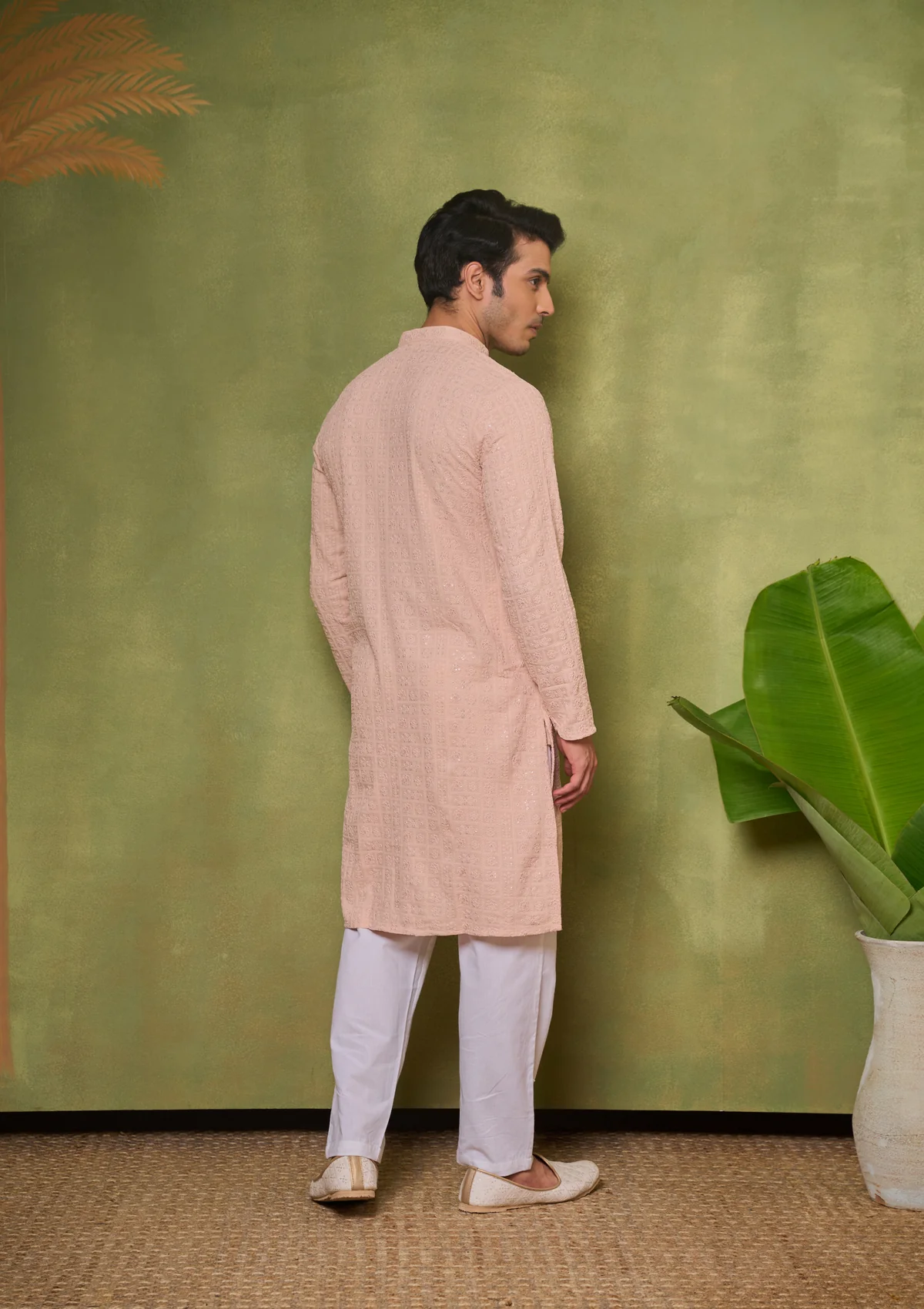 HOC Rayon Embroidered With Sequins Solid Men's Long Kurta- Peach - Image 5