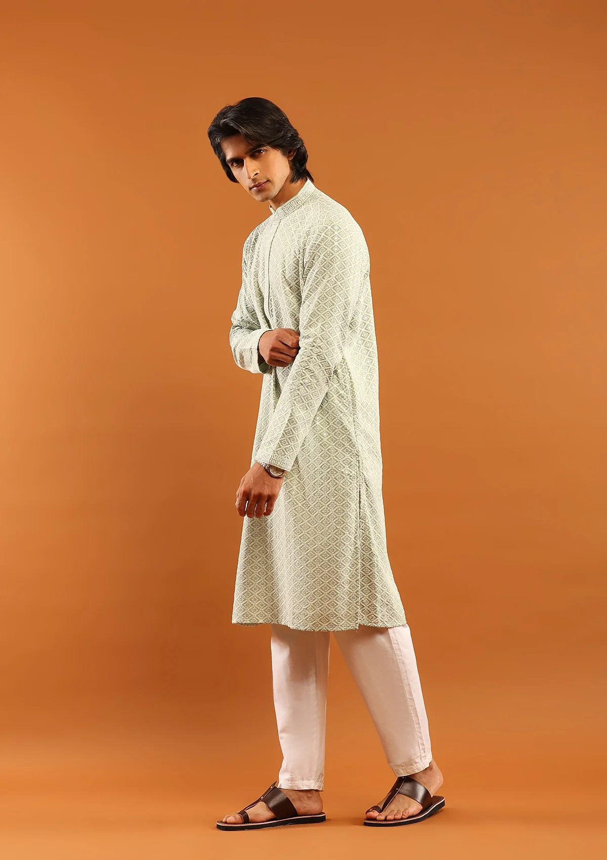 HOC Rayon Embroidered With Sequins Solid Men's Long Kurta- Pista Green - Image 4