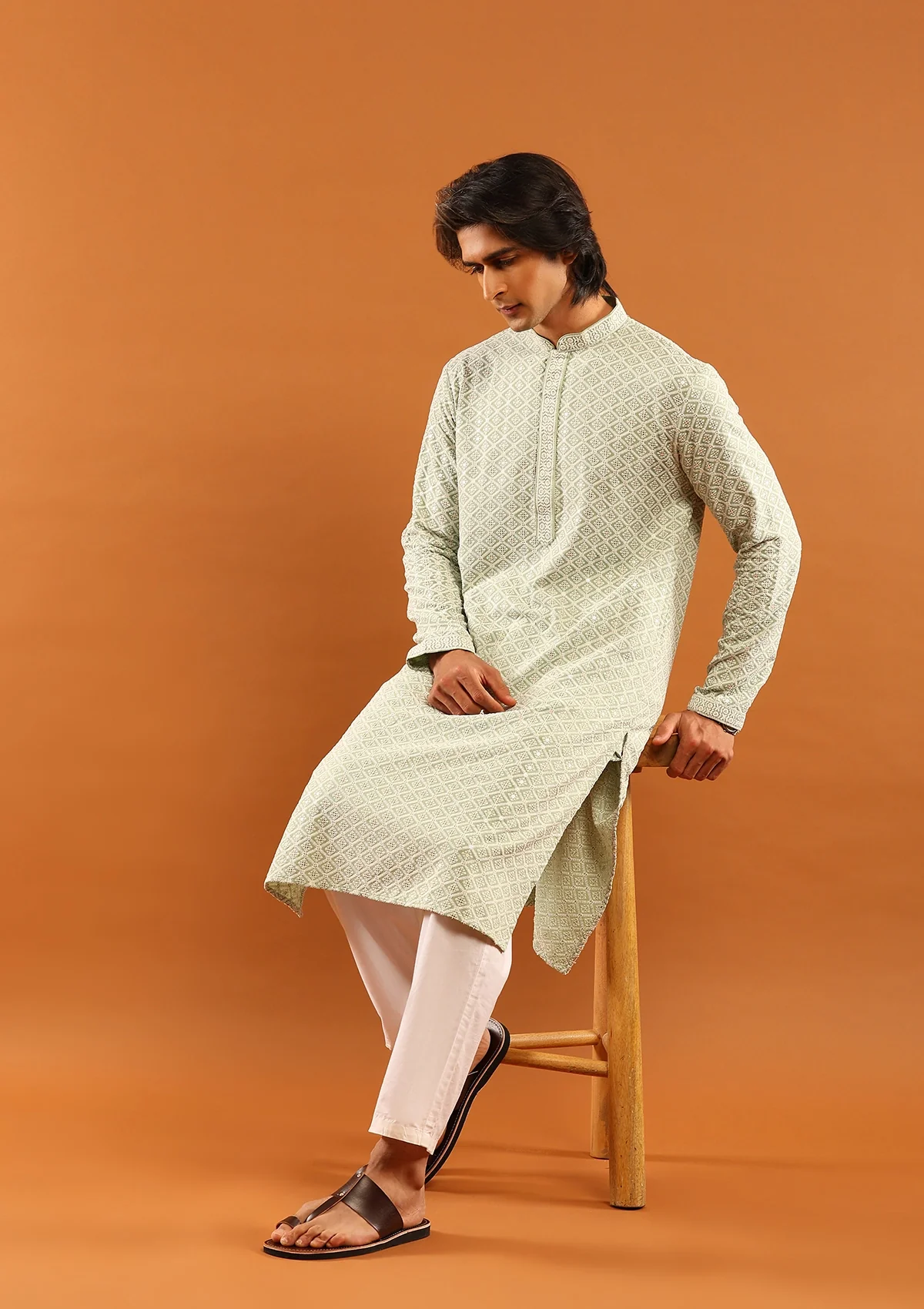 HOC Rayon Embroidered With Sequins Solid Men's Long Kurta- Pista Green - Image 5
