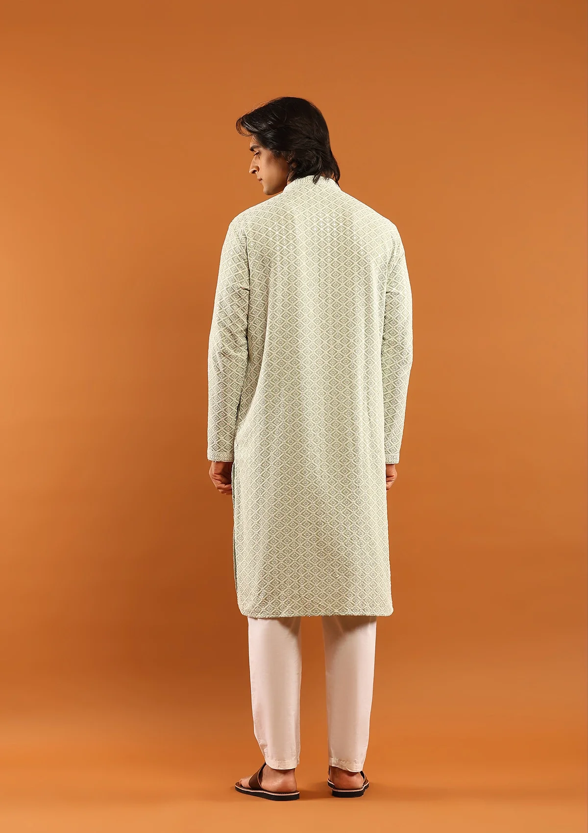 HOC Rayon Embroidered With Sequins Solid Men's Long Kurta- Pista Green - Image 6