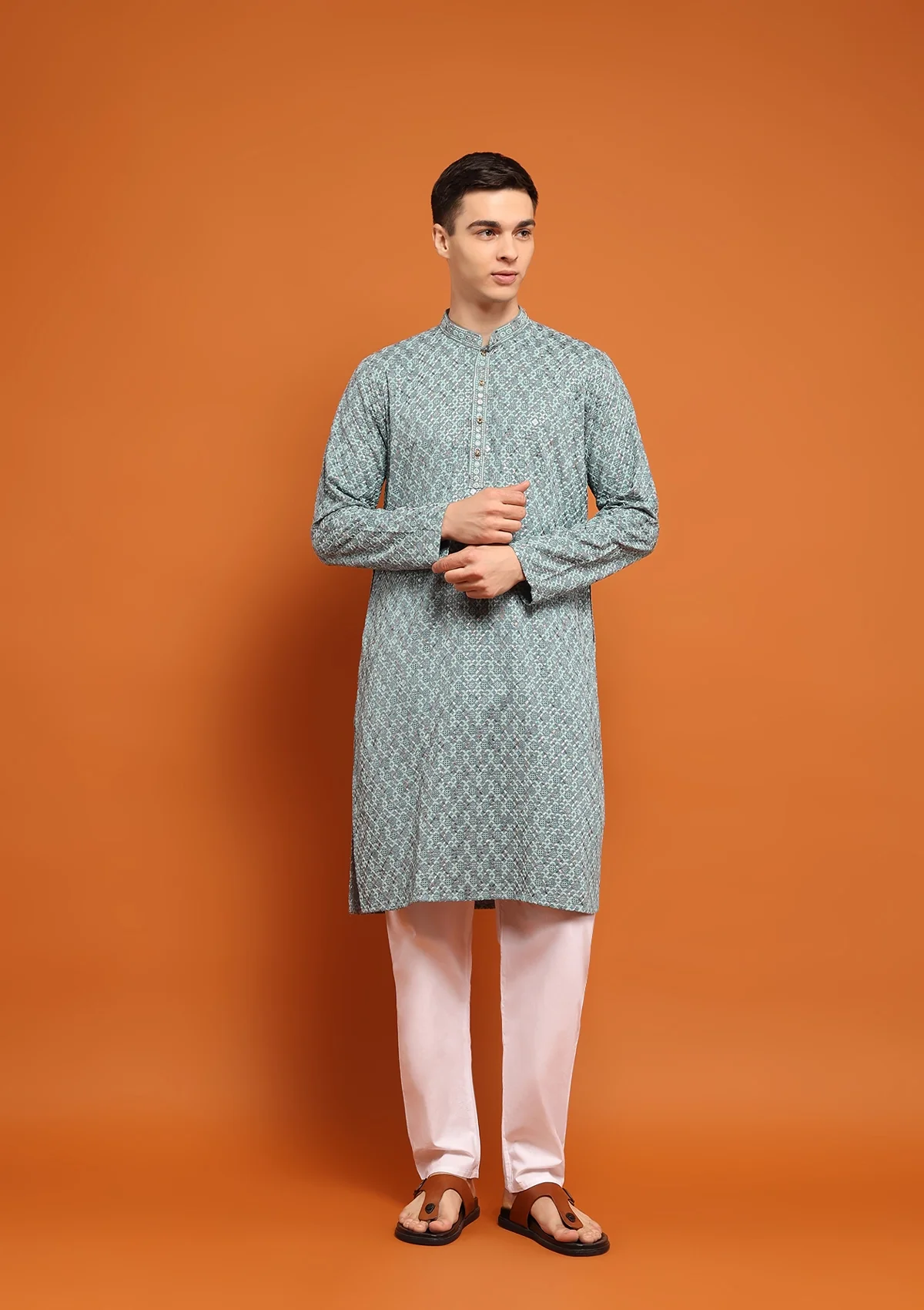 HOC Rayon Embroidered With Sequins Solid Men's Long Kurta- Seafoam Green