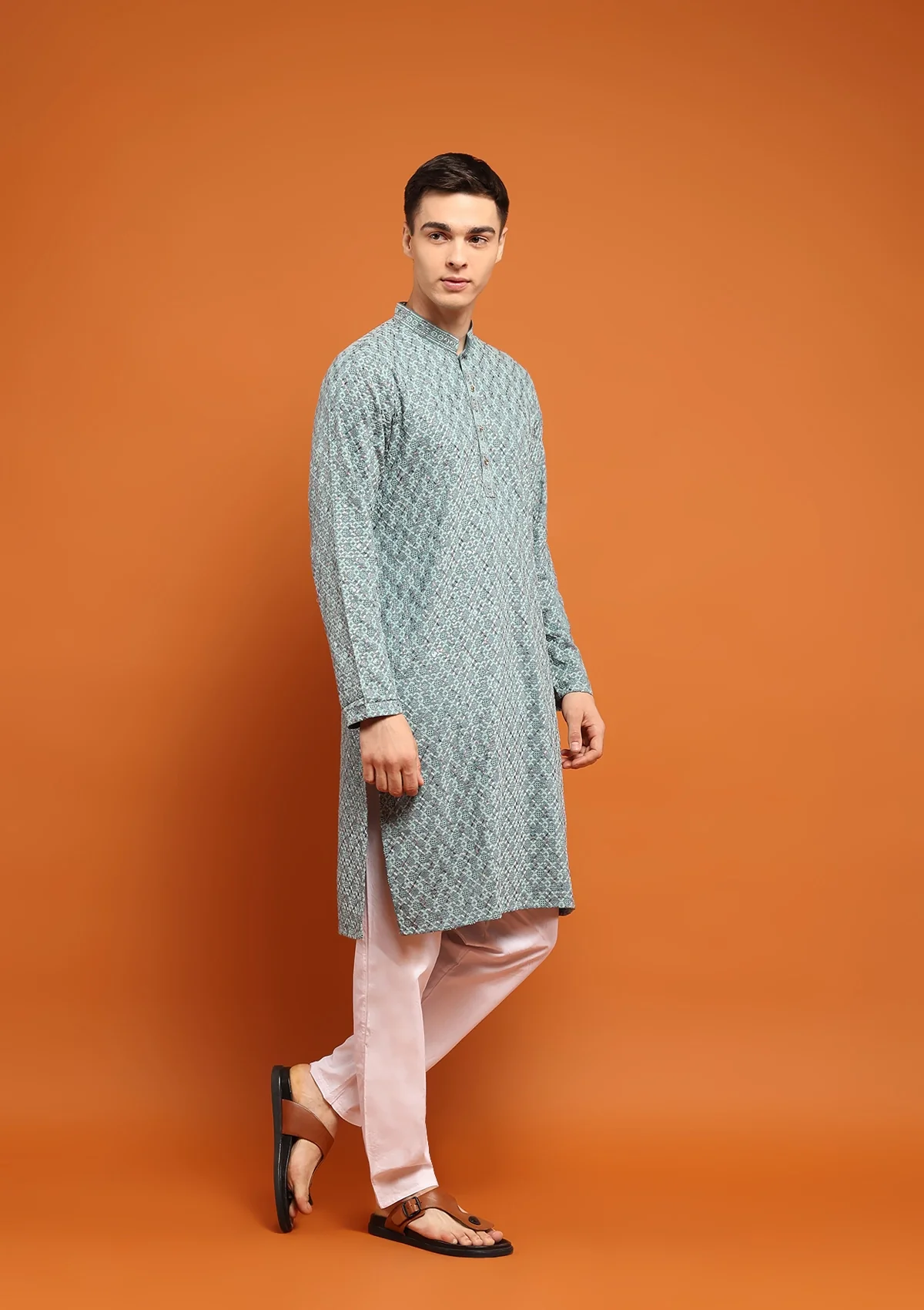 HOC Rayon Embroidered With Sequins Solid Men's Long Kurta- Seafoam Green - Image 4