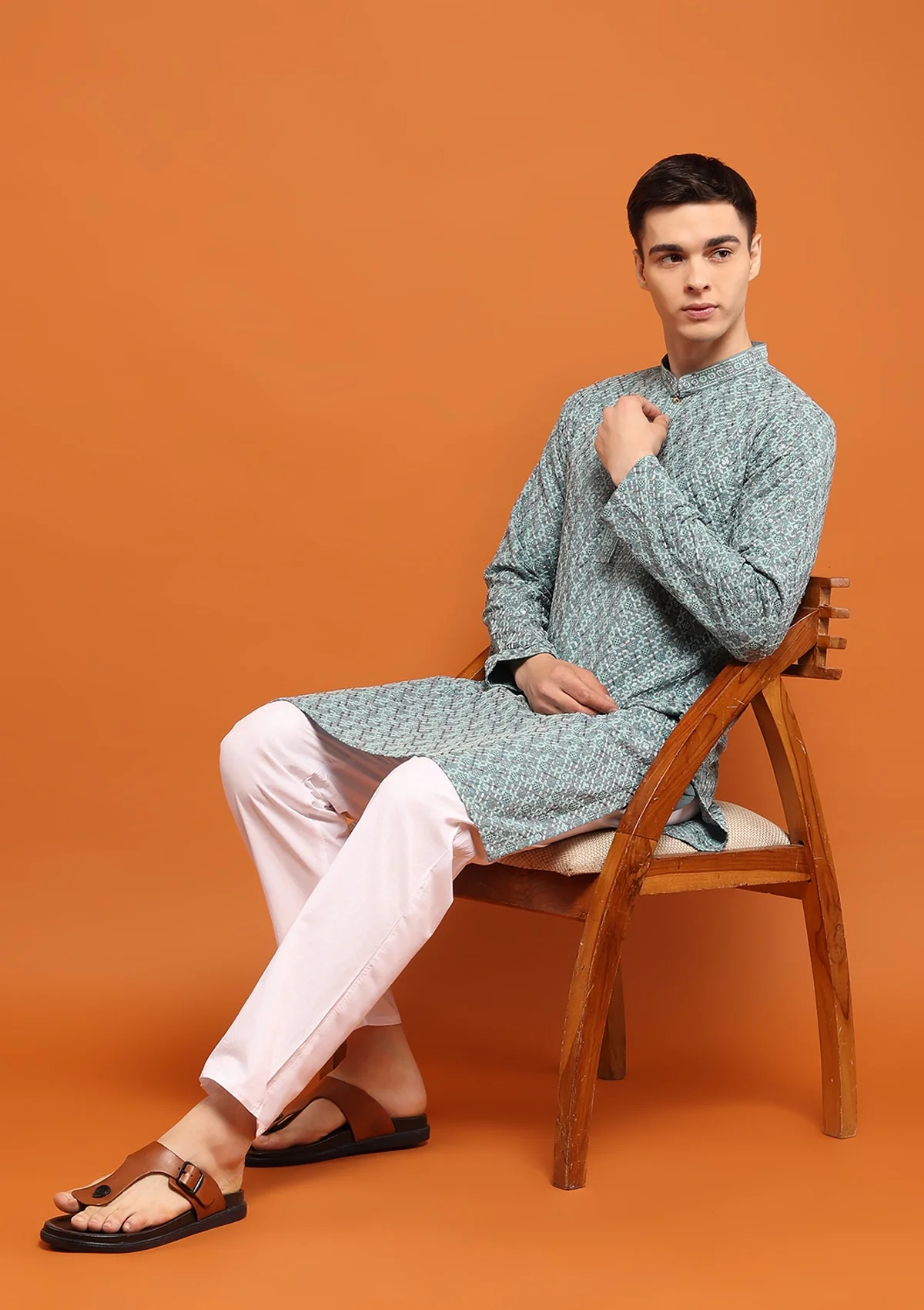 HOC Rayon Embroidered With Sequins Solid Men's Long Kurta- Seafoam Green - Image 5