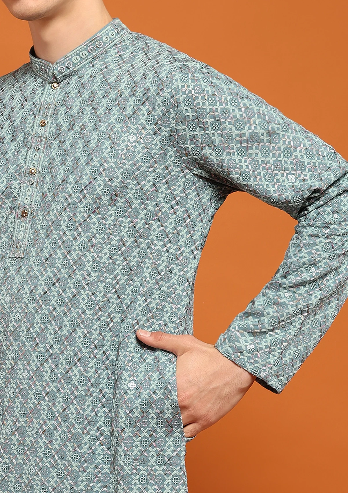 HOC Rayon Embroidered With Sequins Solid Men's Long Kurta- Seafoam Green - Image 6