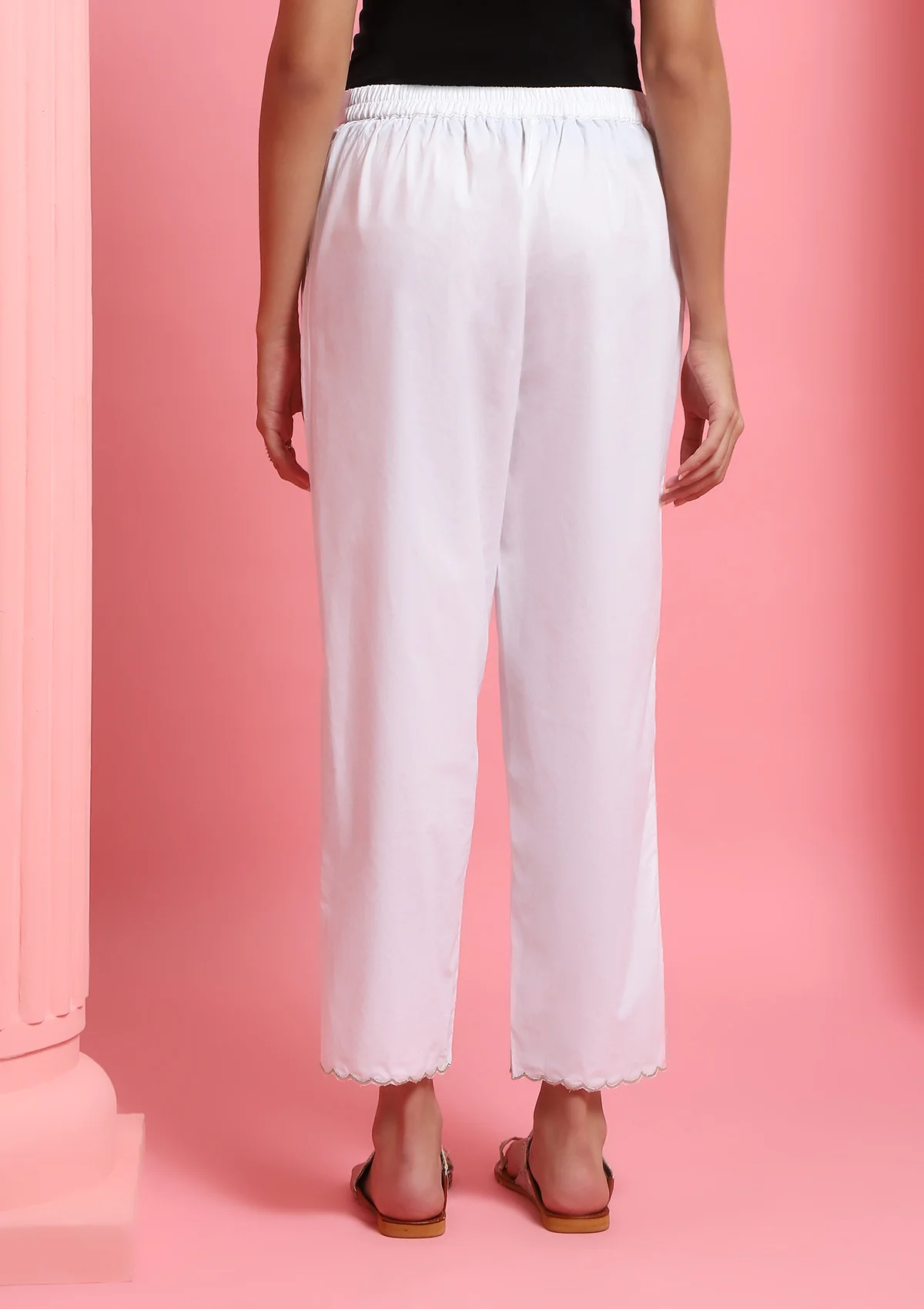 HOC Cotton Scalloped With Golden Zari Solid Women's Pants - White - Image 4