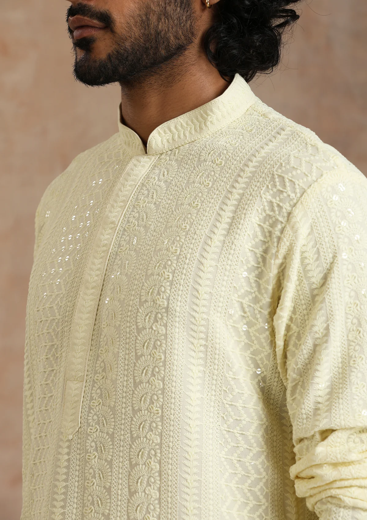 Rayon Schiffli Solid Men's Long Kurta- Cream - Image 2