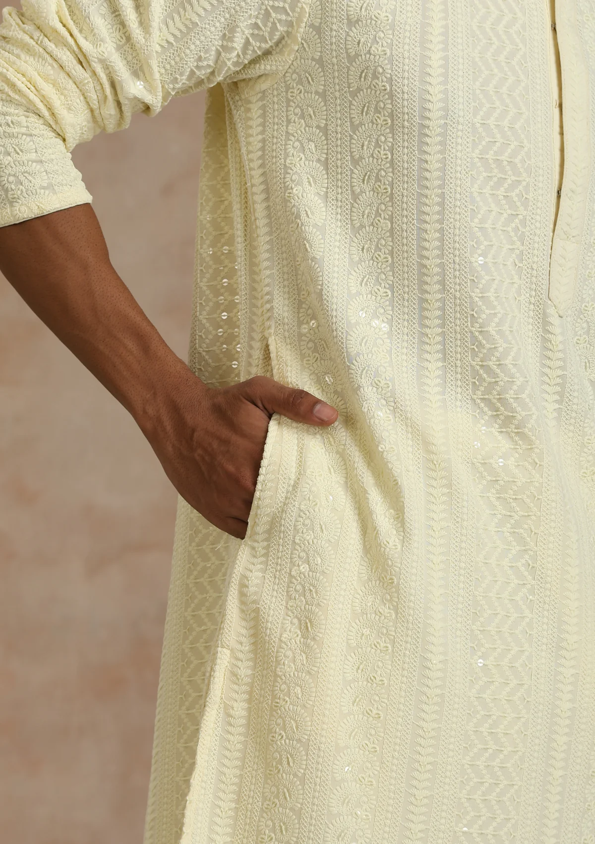 Rayon Schiffli Solid Men's Long Kurta- Cream - Image 3