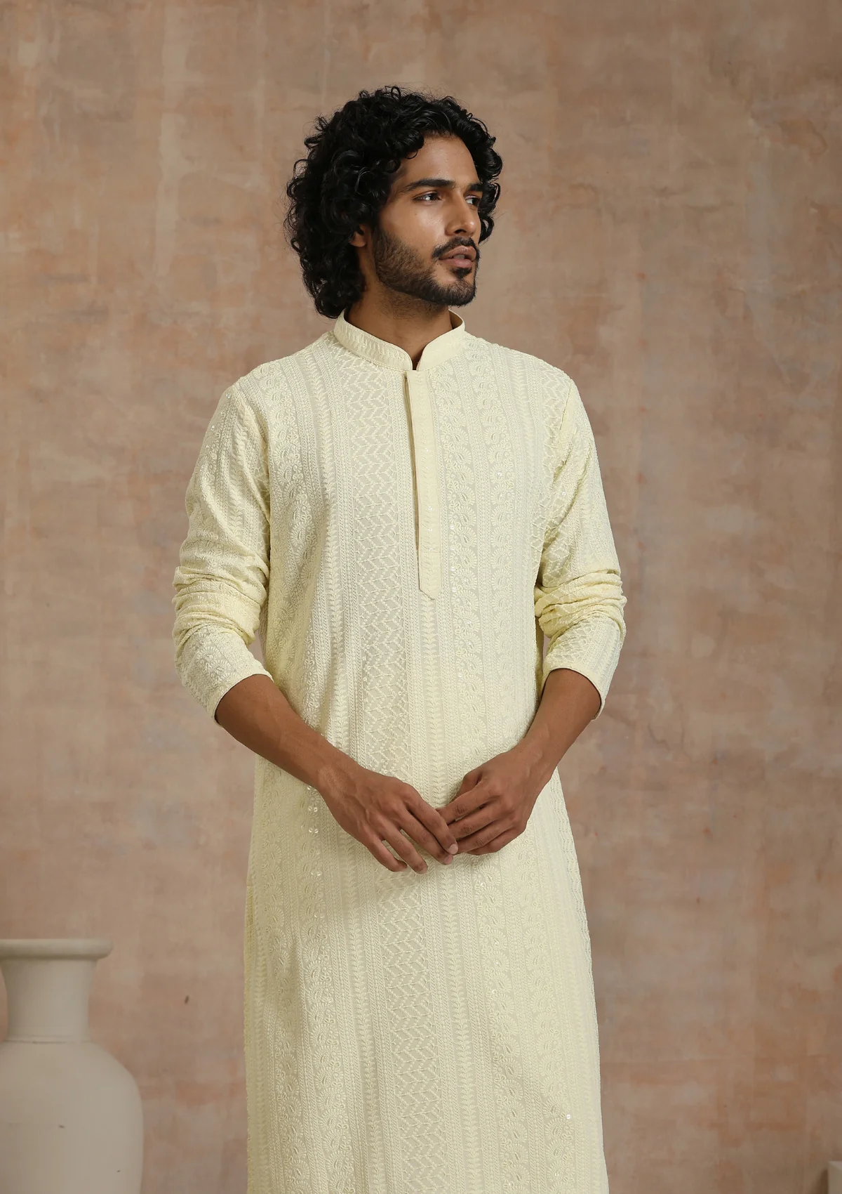 Rayon Schiffli Solid Men's Long Kurta- Cream - Image 4