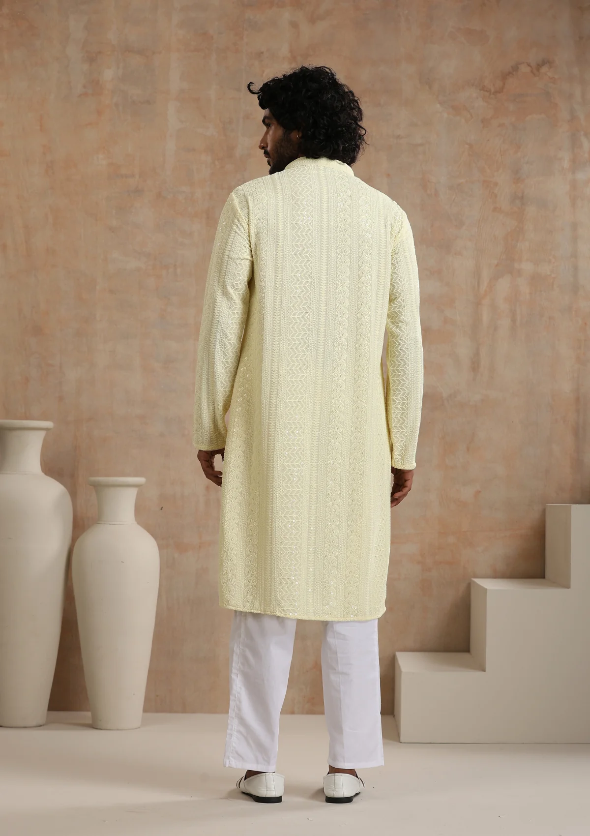 Rayon Schiffli Solid Men's Long Kurta- Cream - Image 5
