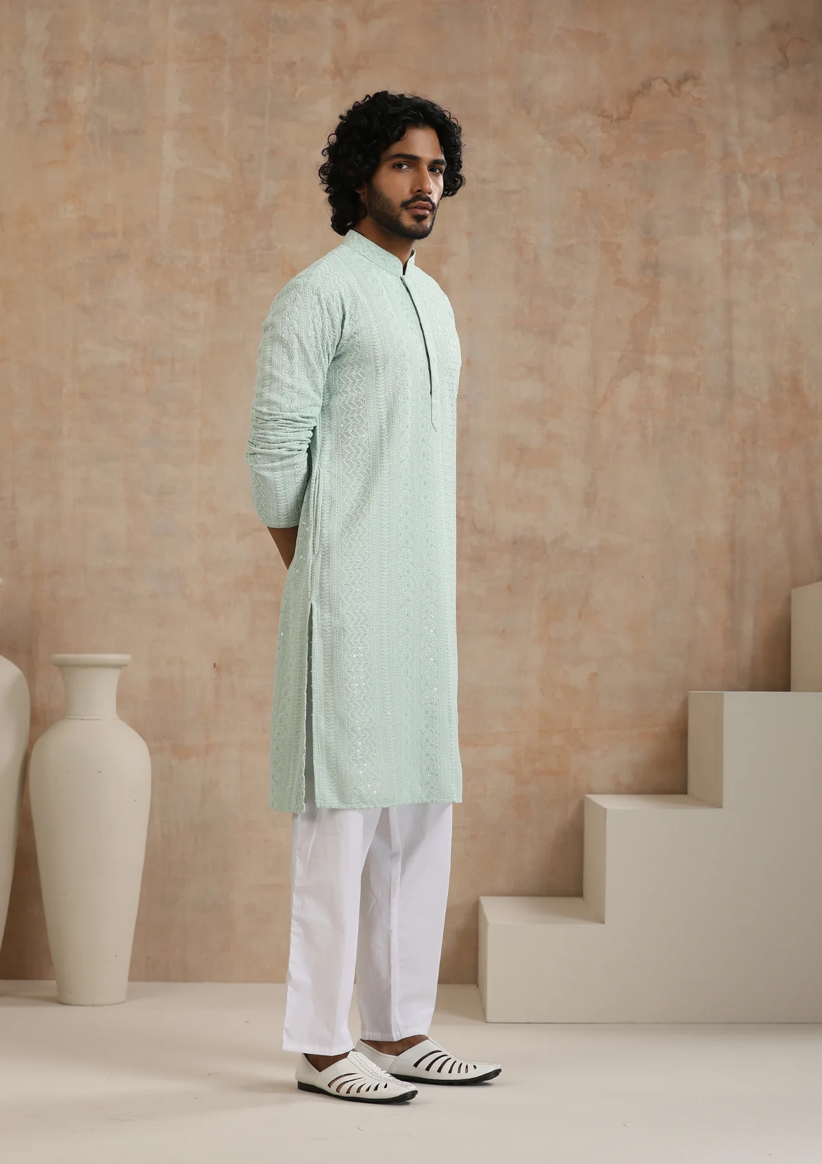 HOC Rayon Schiffli Solid Men's Long Kurta- Green - Image 3