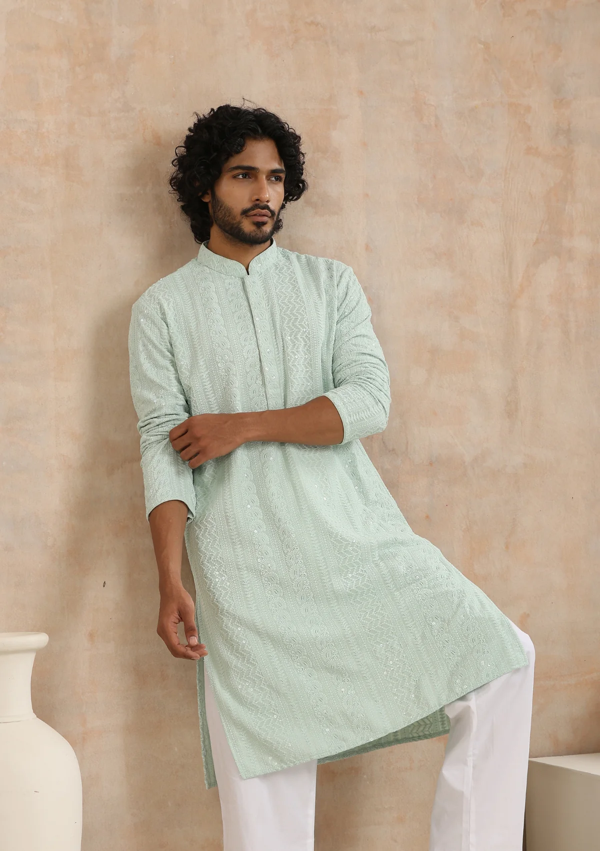 HOC Rayon Schiffli Solid Men's Long Kurta- Green - Image 4