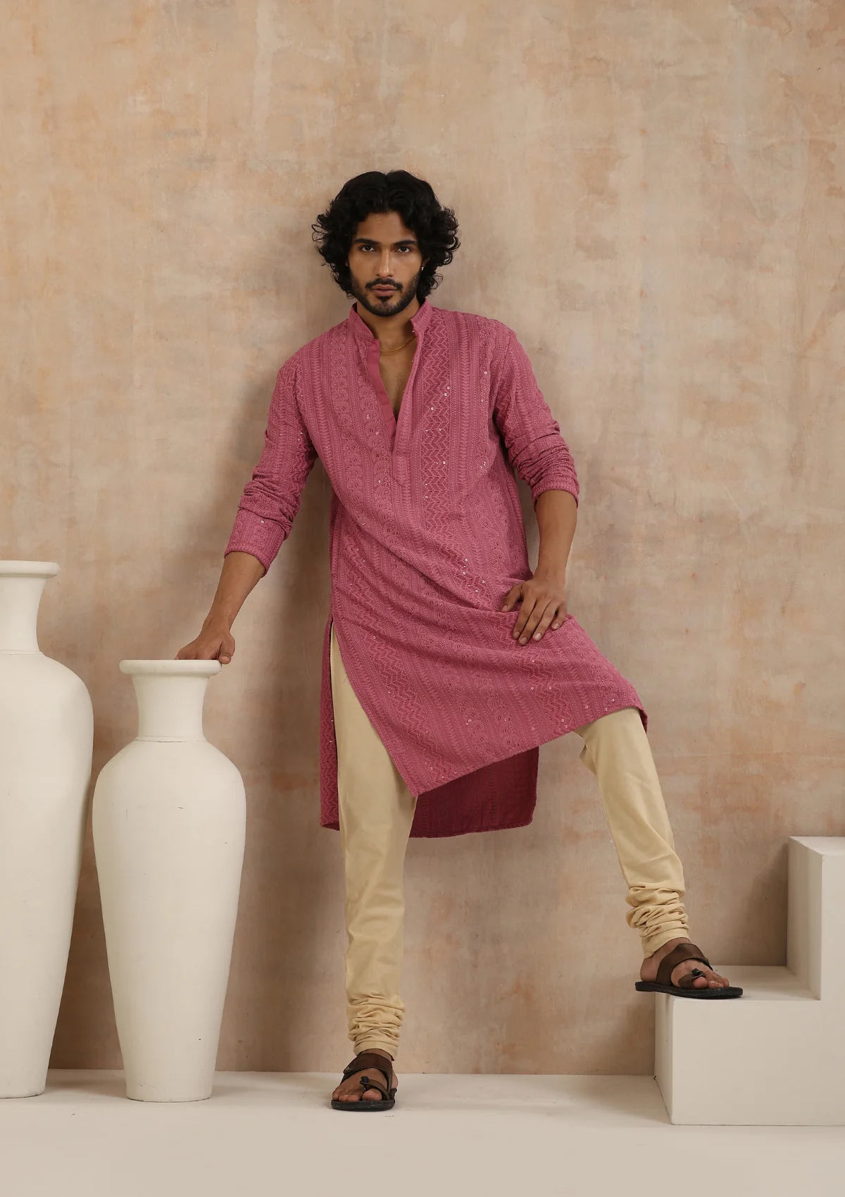 HOC Rayon Schiffli Solid Men's Long Kurta- Muave - Image 4