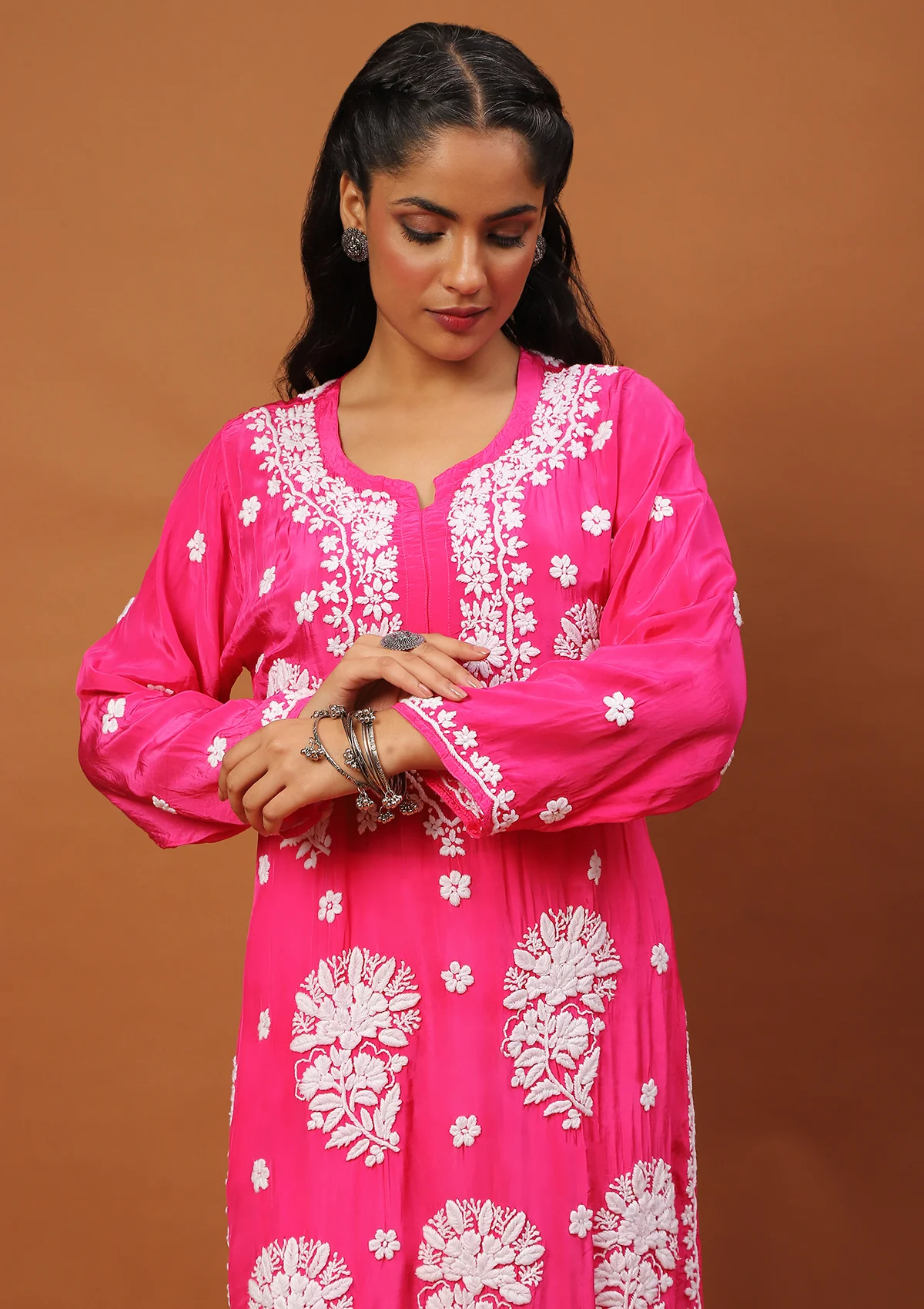 HOC Satin Crepe Chikankari Solid Women's Long Kurta - Dark Pink - Image 4