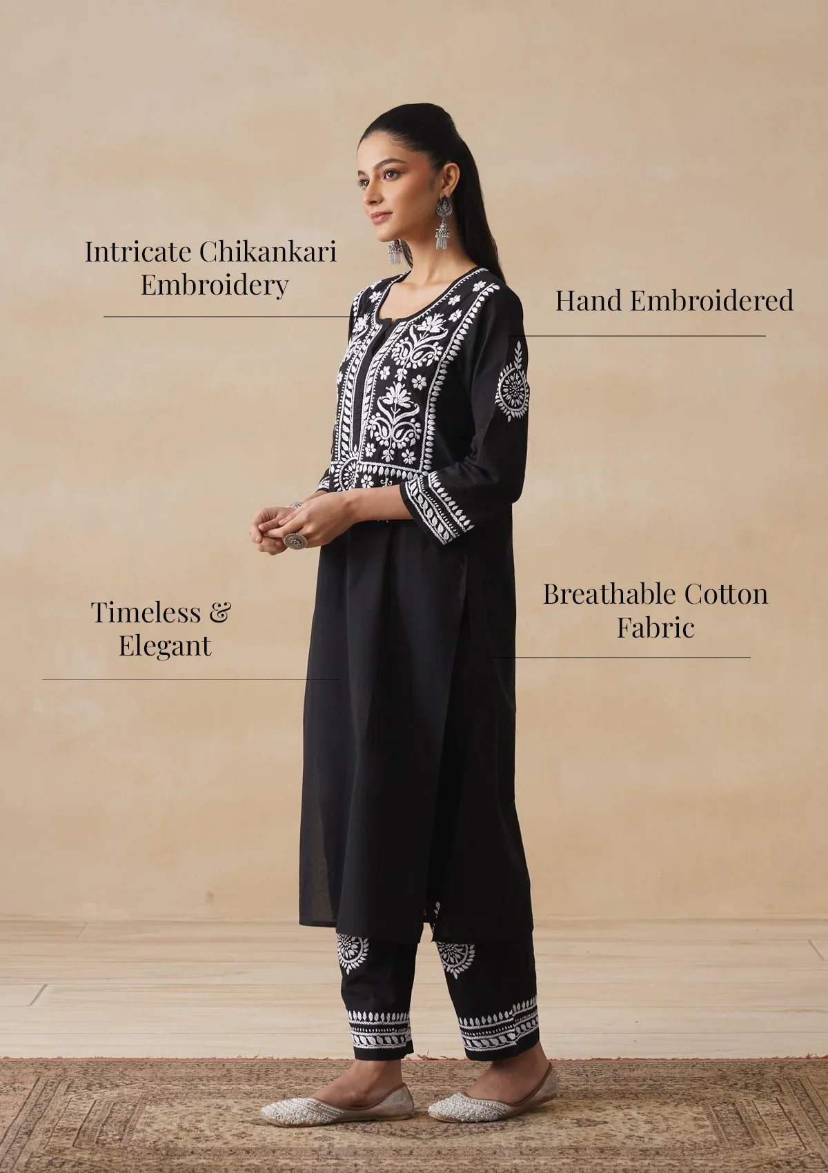 HOC Soha Chikankari Cotton Straight Kurta Set - Black - Image 12
