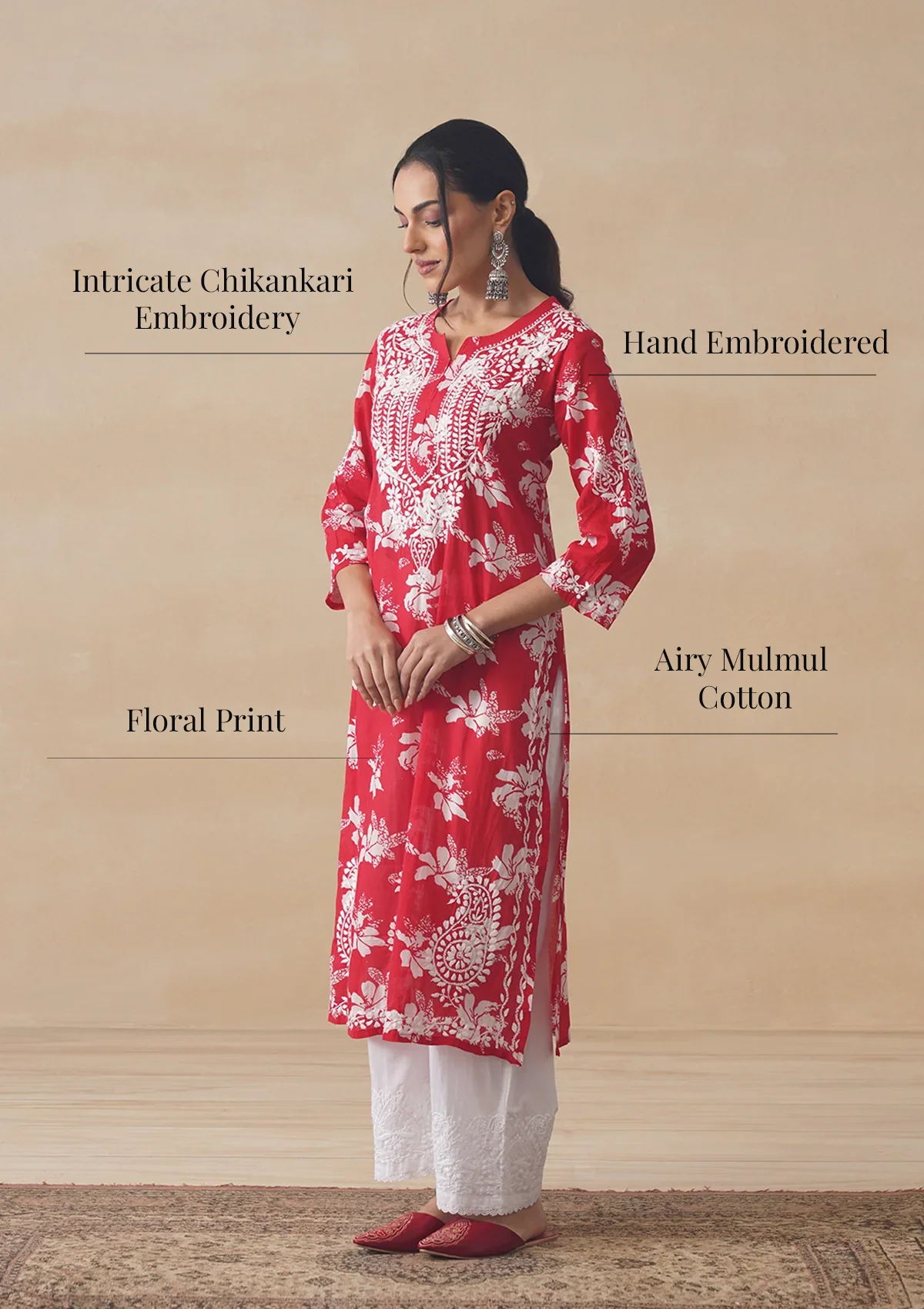 HOC Tamara Mulmul Chikankari Printed Women's Straight Kurta - Red - Image 11