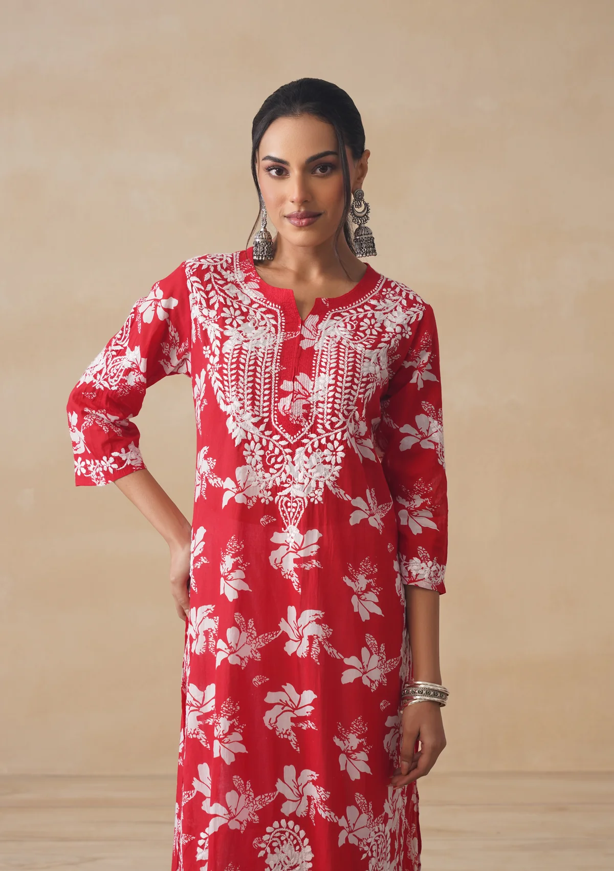 HOC Tamara Mulmul Chikankari Printed Women's Straight Kurta - Red - Image 4