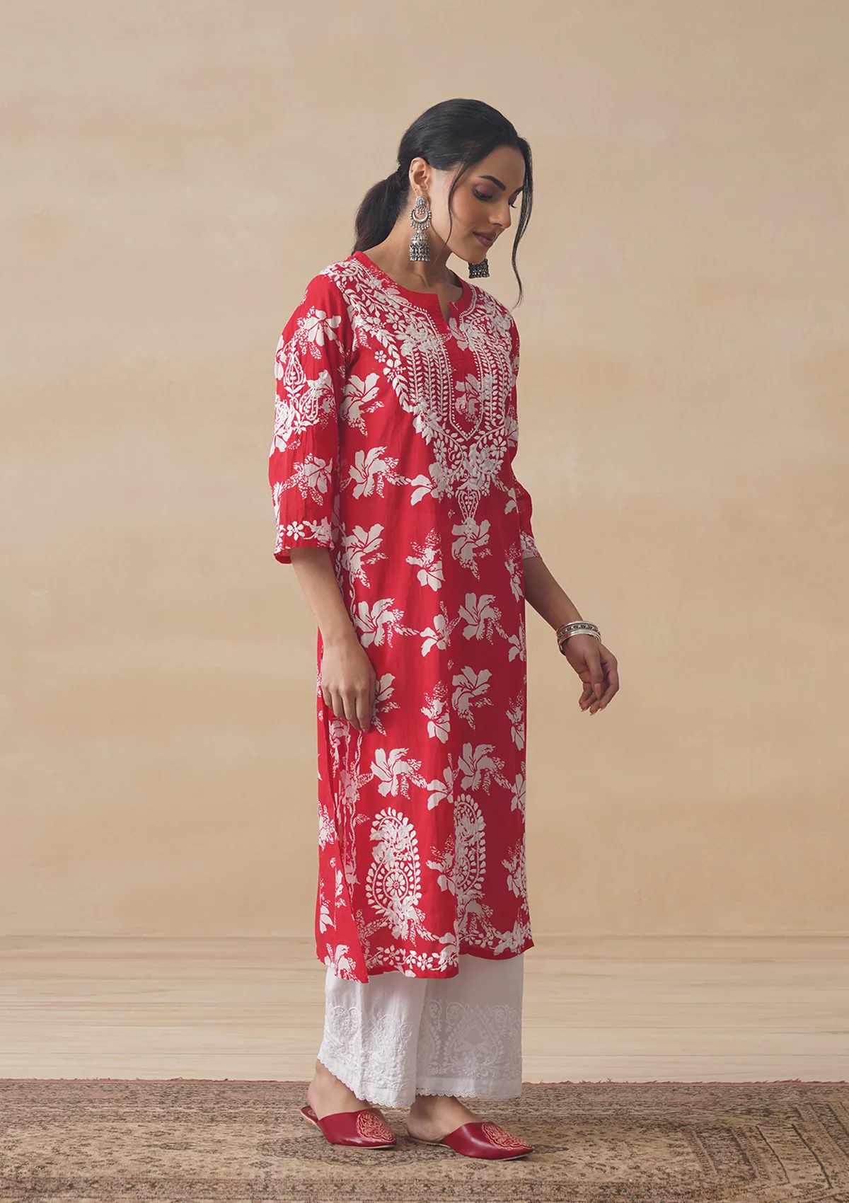 HOC Tamara Mulmul Chikankari Printed Women's Straight Kurta - Red - Image 6