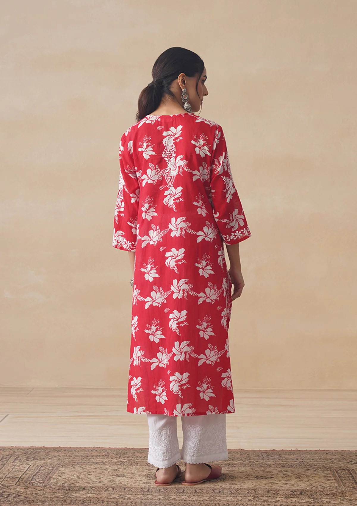 HOC Tamara Mulmul Chikankari Printed Women's Straight Kurta - Red - Image 9