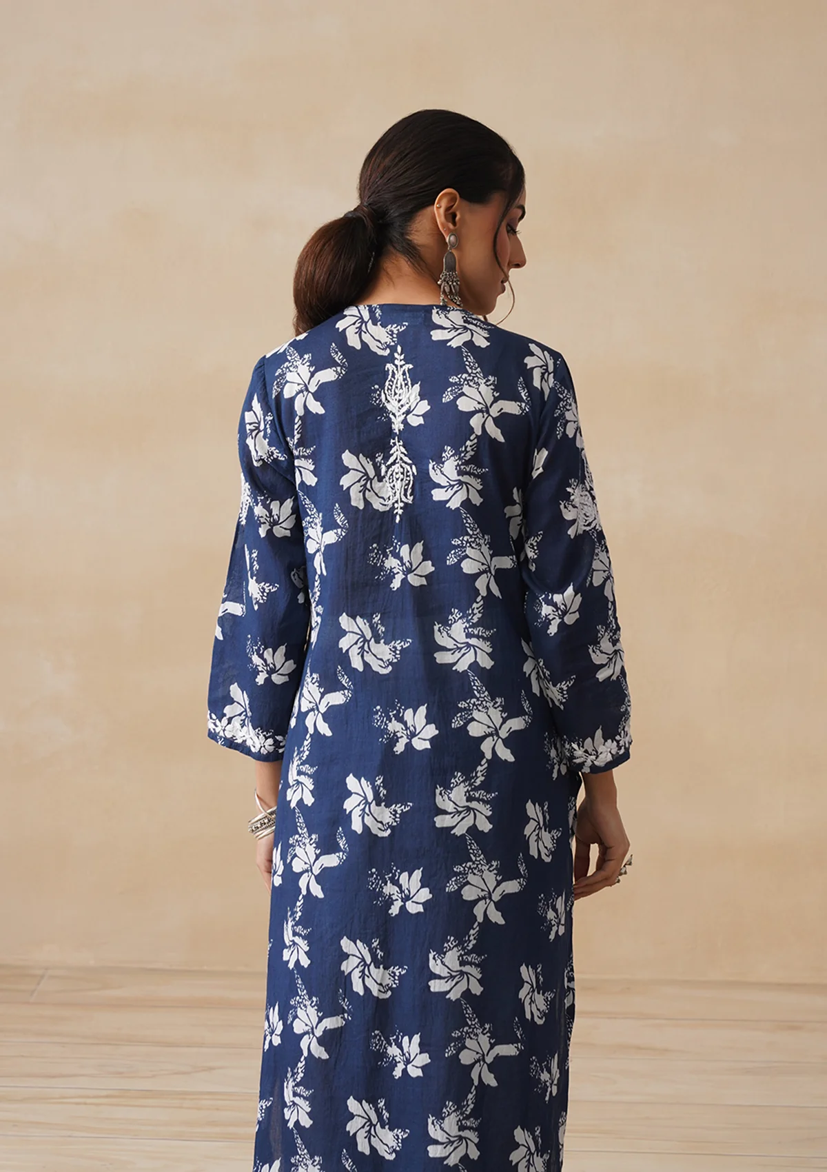 HOC Tamara Mulmul Chikankari Printed Women's Straight Kurta - Navy Blue - Image 10