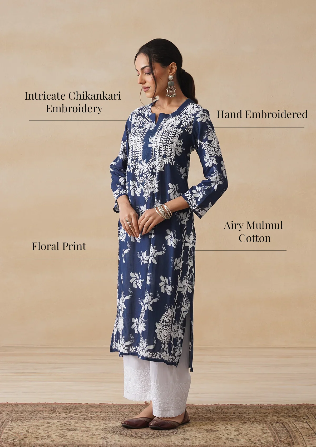 HOC Tamara Mulmul Chikankari Printed Women's Straight Kurta - Navy Blue - Image 11