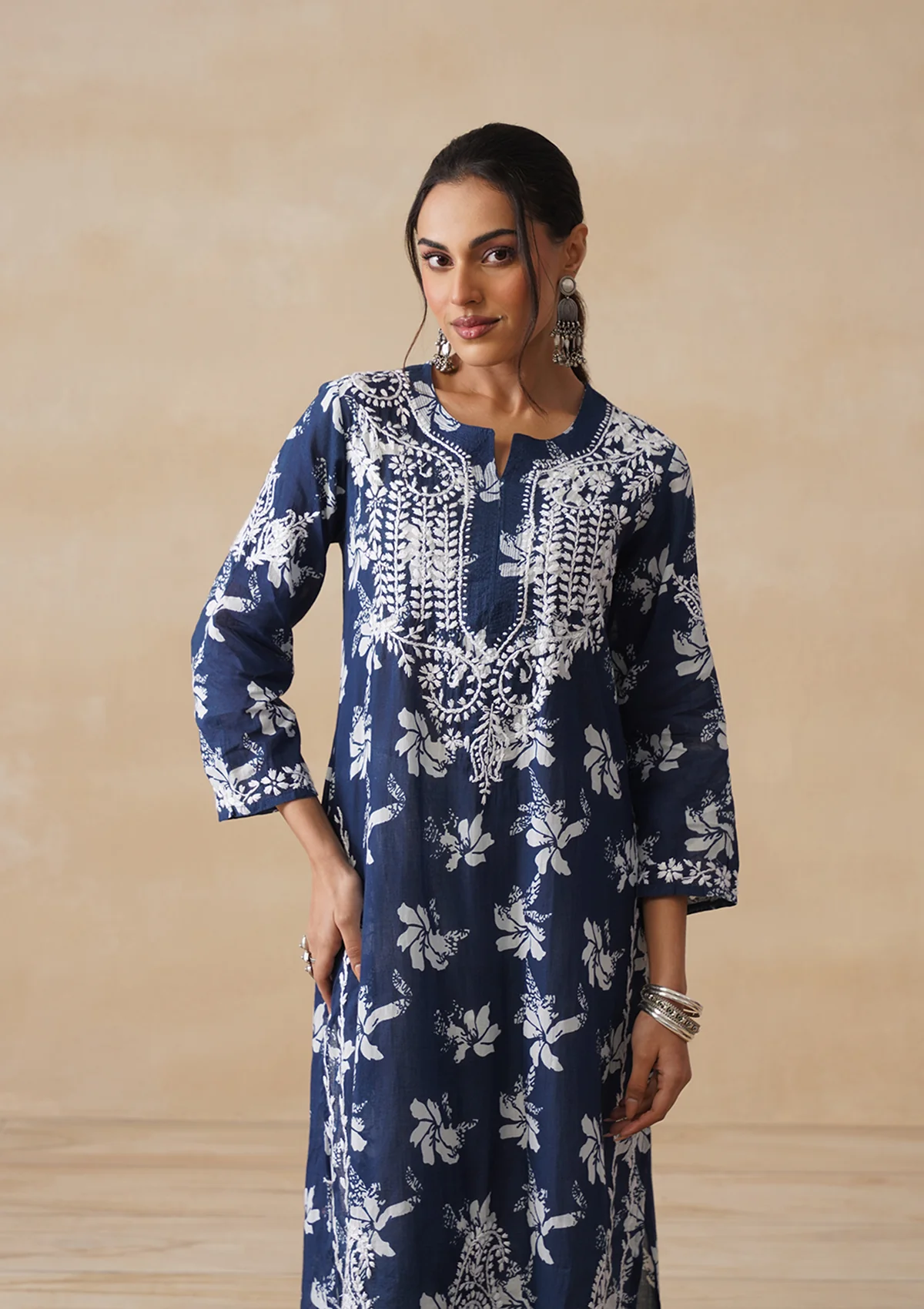 HOC Tamara Mulmul Chikankari Printed Women's Straight Kurta - Navy Blue - Image 3