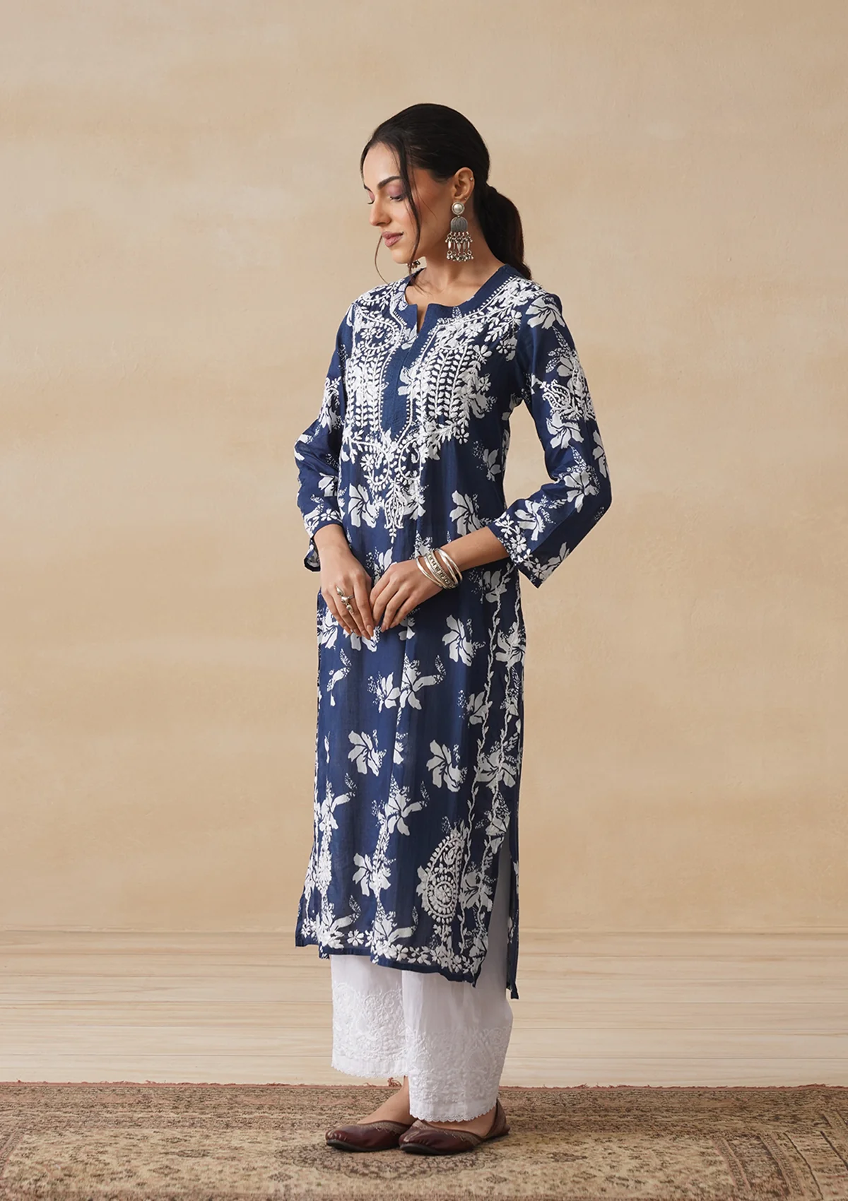 HOC Tamara Mulmul Chikankari Printed Women's Straight Kurta - Navy Blue - Image 4