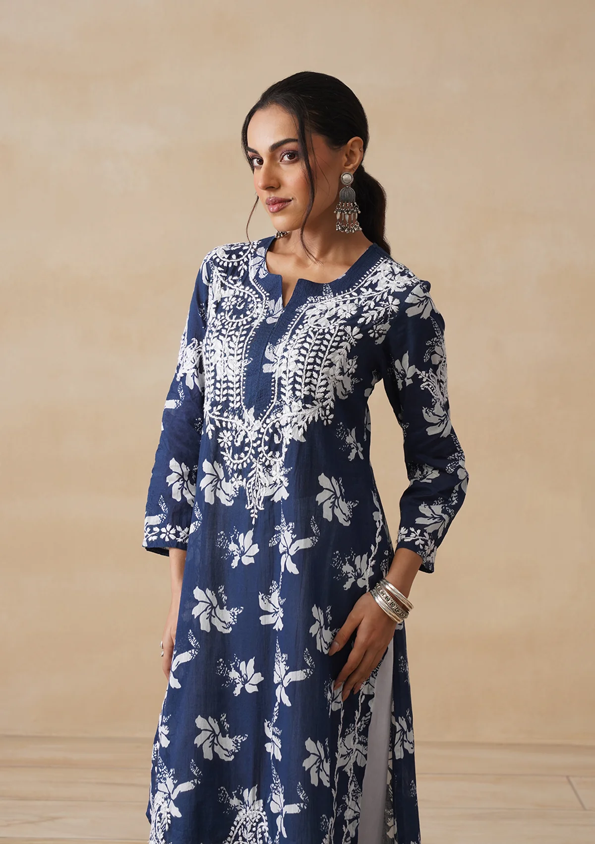 HOC Tamara Mulmul Chikankari Printed Women's Straight Kurta - Navy Blue - Image 6
