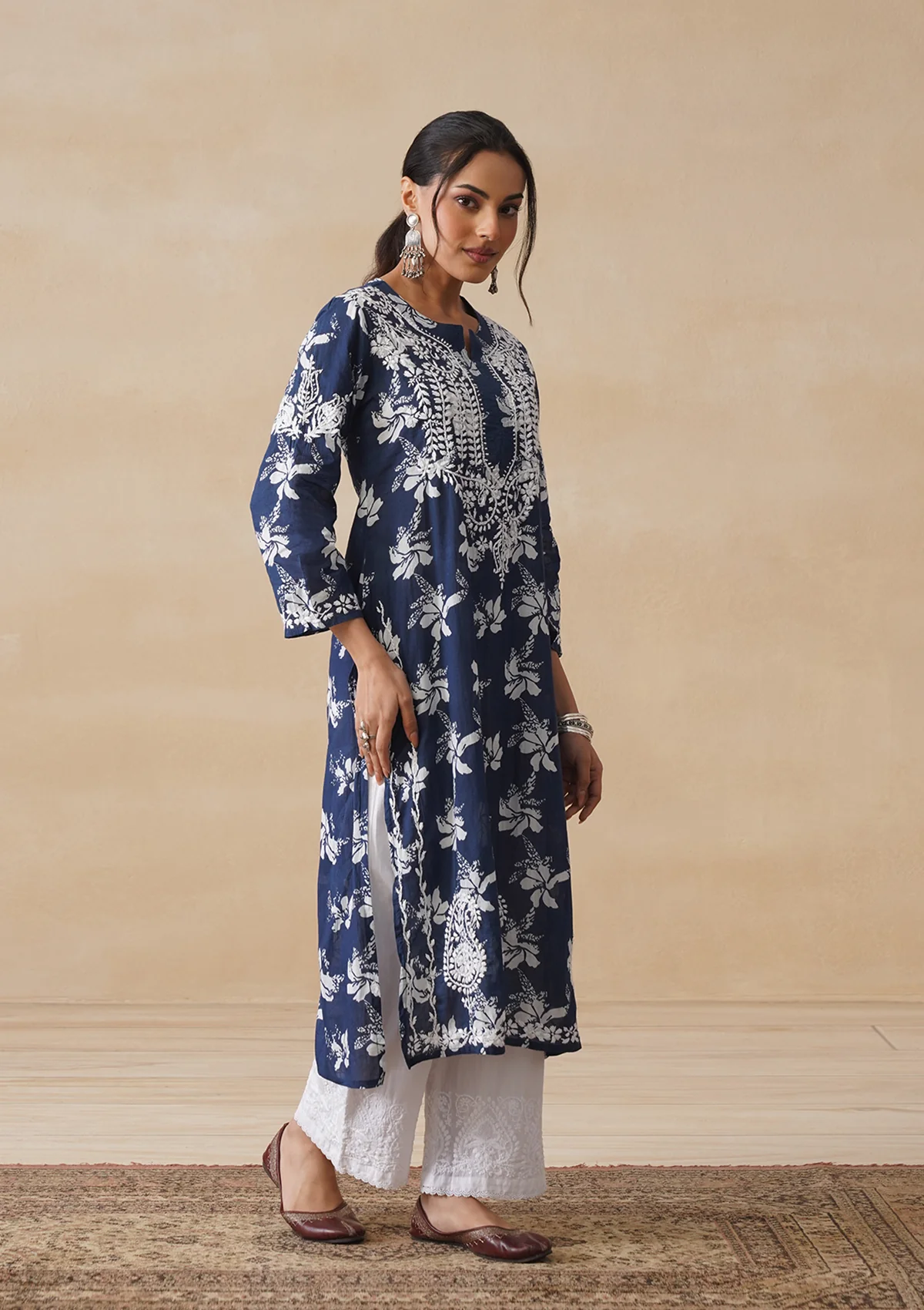 HOC Tamara Mulmul Chikankari Printed Women's Straight Kurta - Navy Blue - Image 7