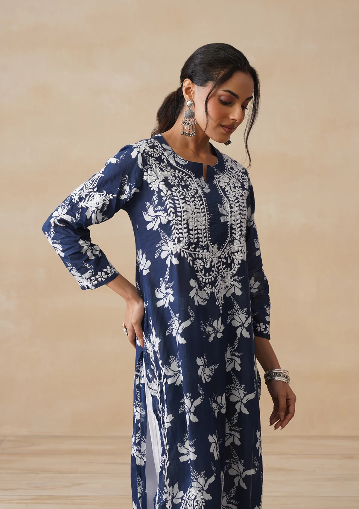 HOC Tamara Mulmul Chikankari Printed Women's Straight Kurta - Navy Blue - Image 8