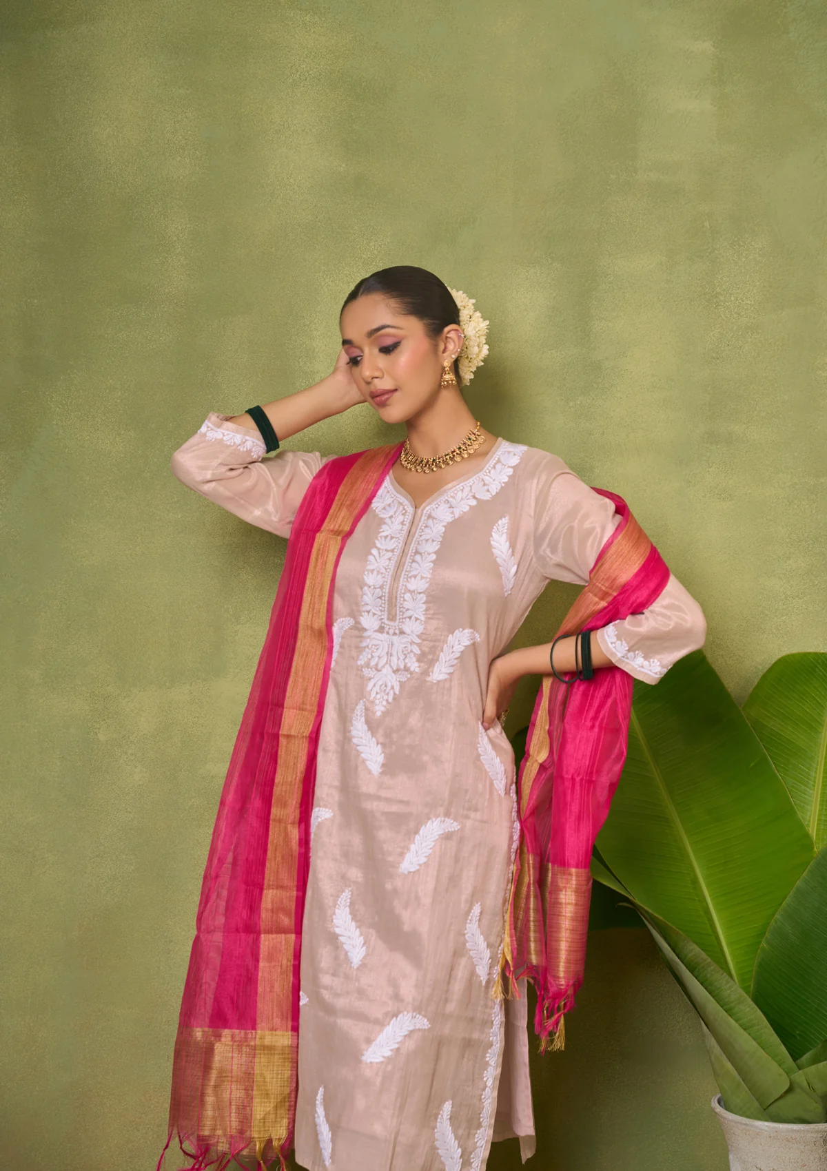 HOC Tissue Silk Chikankari Solid Women's 4 PC Long Kurta Set - Beige - Image 3