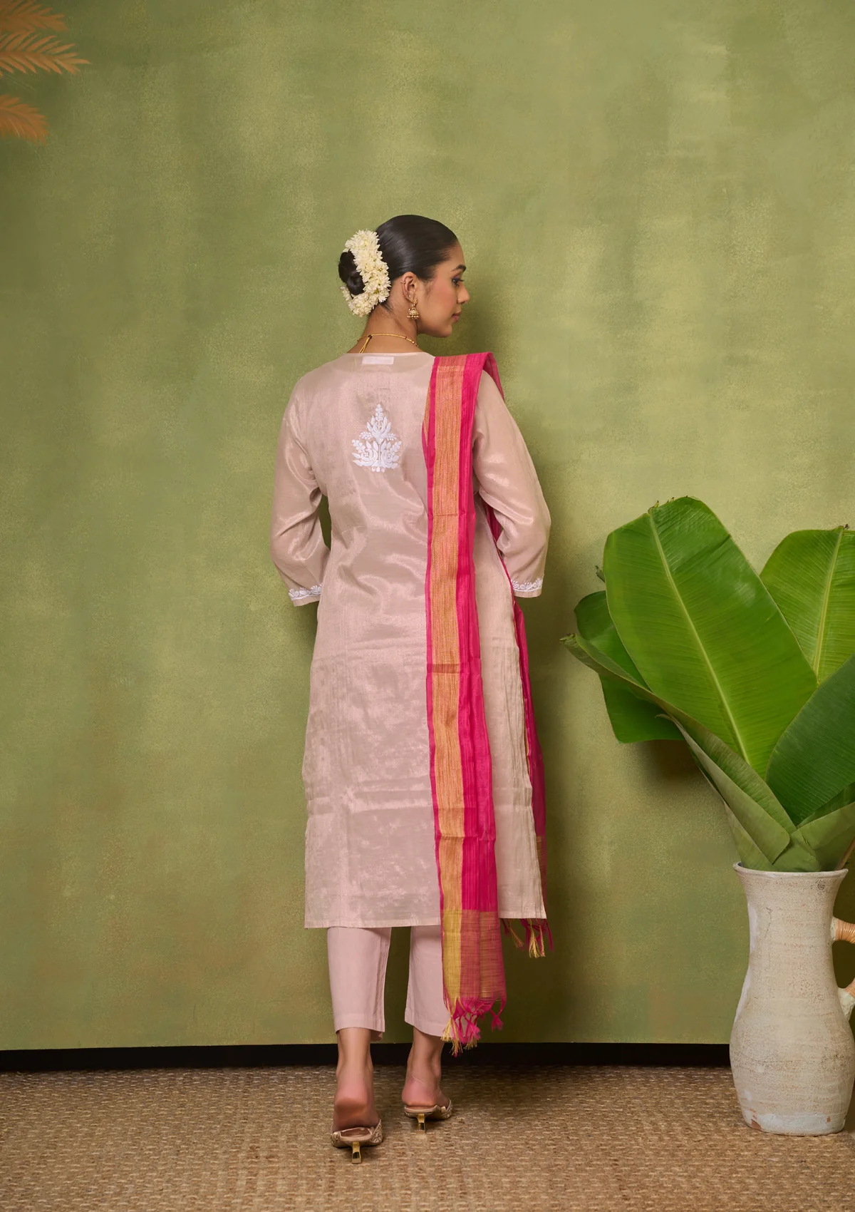 HOC Tissue Silk Chikankari Solid Women's 4 PC Long Kurta Set - Beige - Image 6